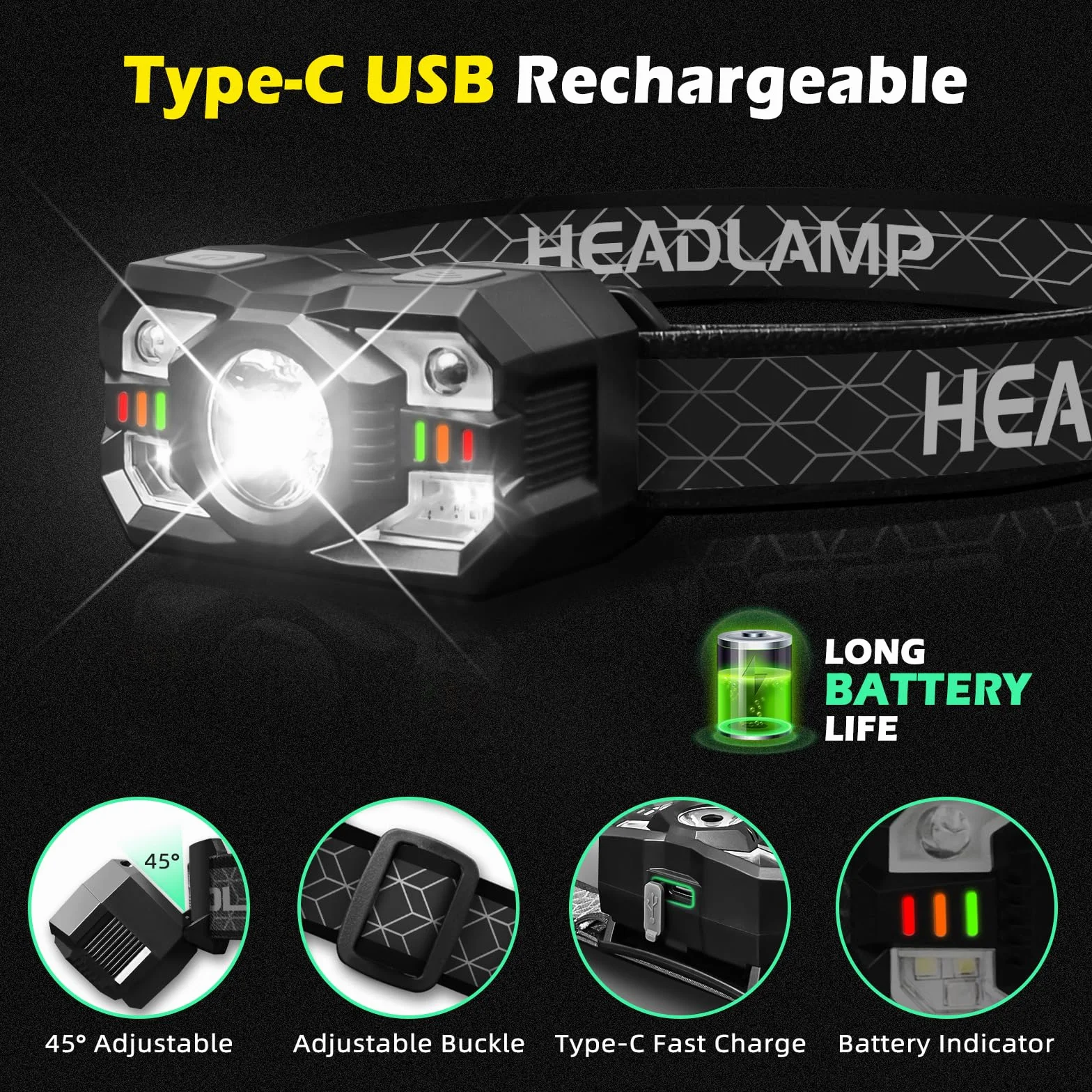 Hyted Linterna Frontal LED Recargable 2000 Lúmenes 10 Modos Impermeable Sensor 2 Piezas