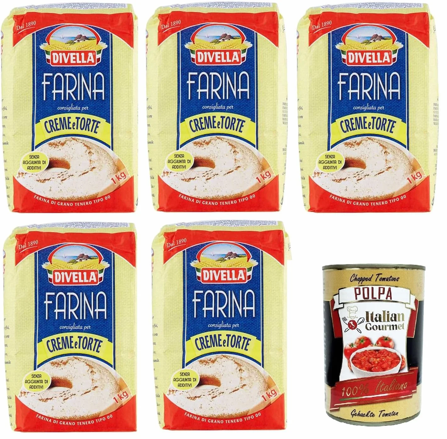 Divella Farina 00 Consigliata per Creme e Pastel Harina 00 Recomendado para Cremas y Pasteles 5 x 1 kg + Polpa Italiana Gourmet 400 gr