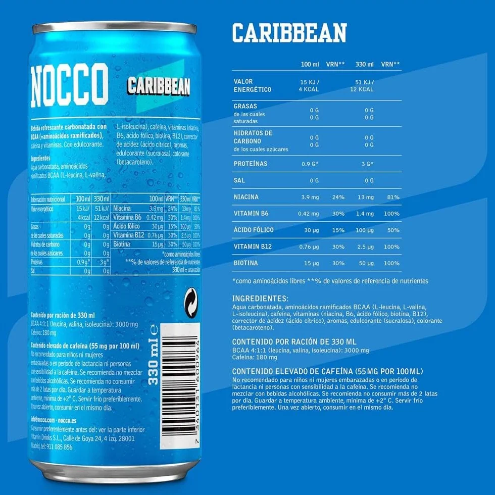 NOCCO BCAA - Bebida Energética con 180mg Cafeína, 3000 mg BCAA, Sin Azúcar, Sin Carbohidratos, Enriquecida con Vitaminas - 24 x 330ml inkl. Pfand (Mix Sabores)