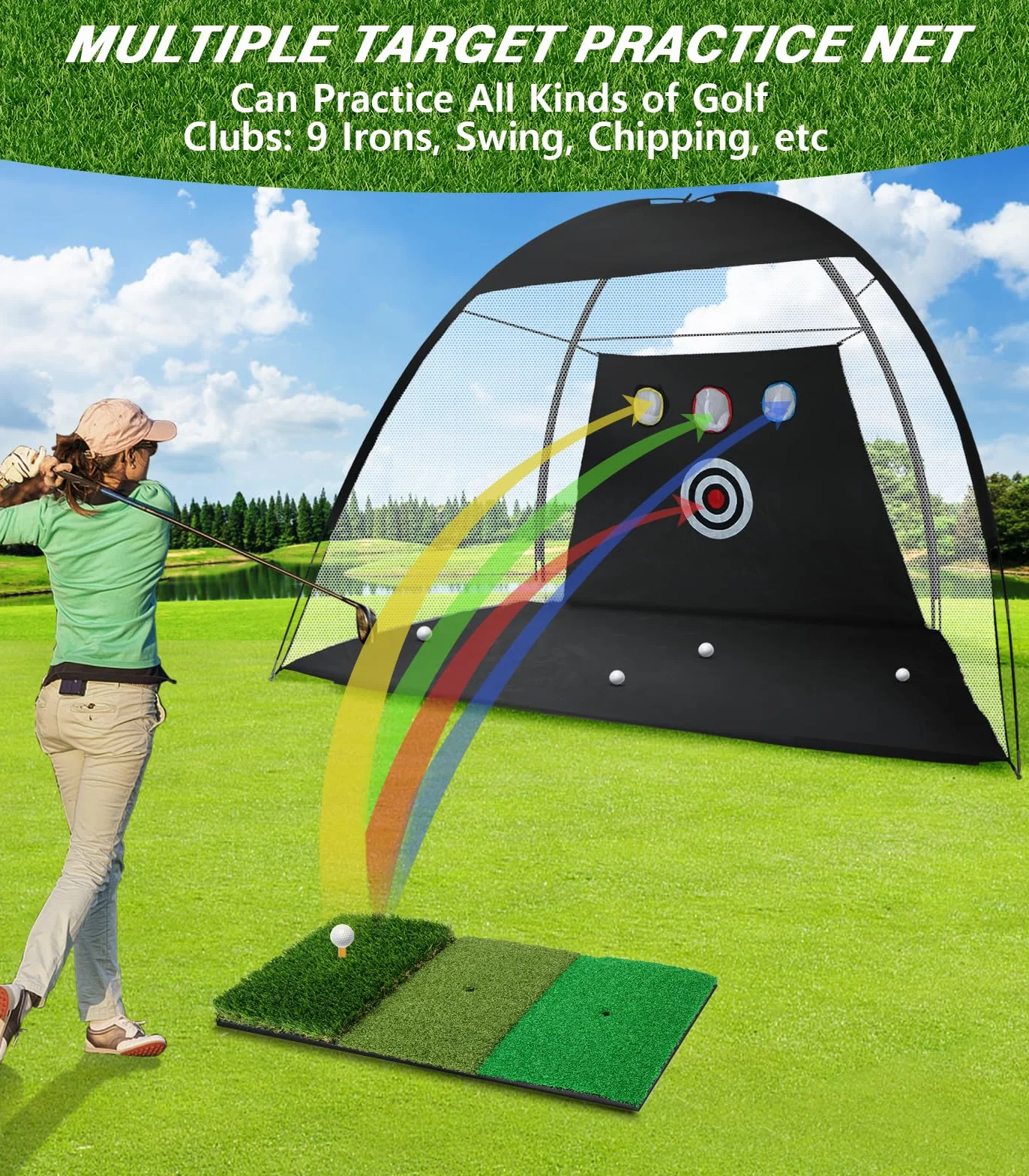 Red de Golf 10x7 pies con Alfombrilla Tri-Turf para Entrenamiento de Swing en Casa