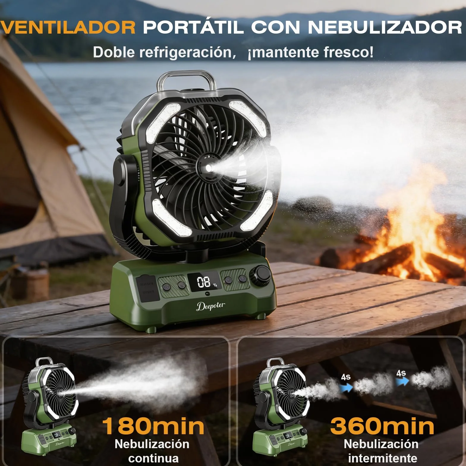 Ventilador Camping Portátil con Nebulizador y Luz LED, batería recargable, Temporizador, Rotación 270°, Gancho Colgante, Verde