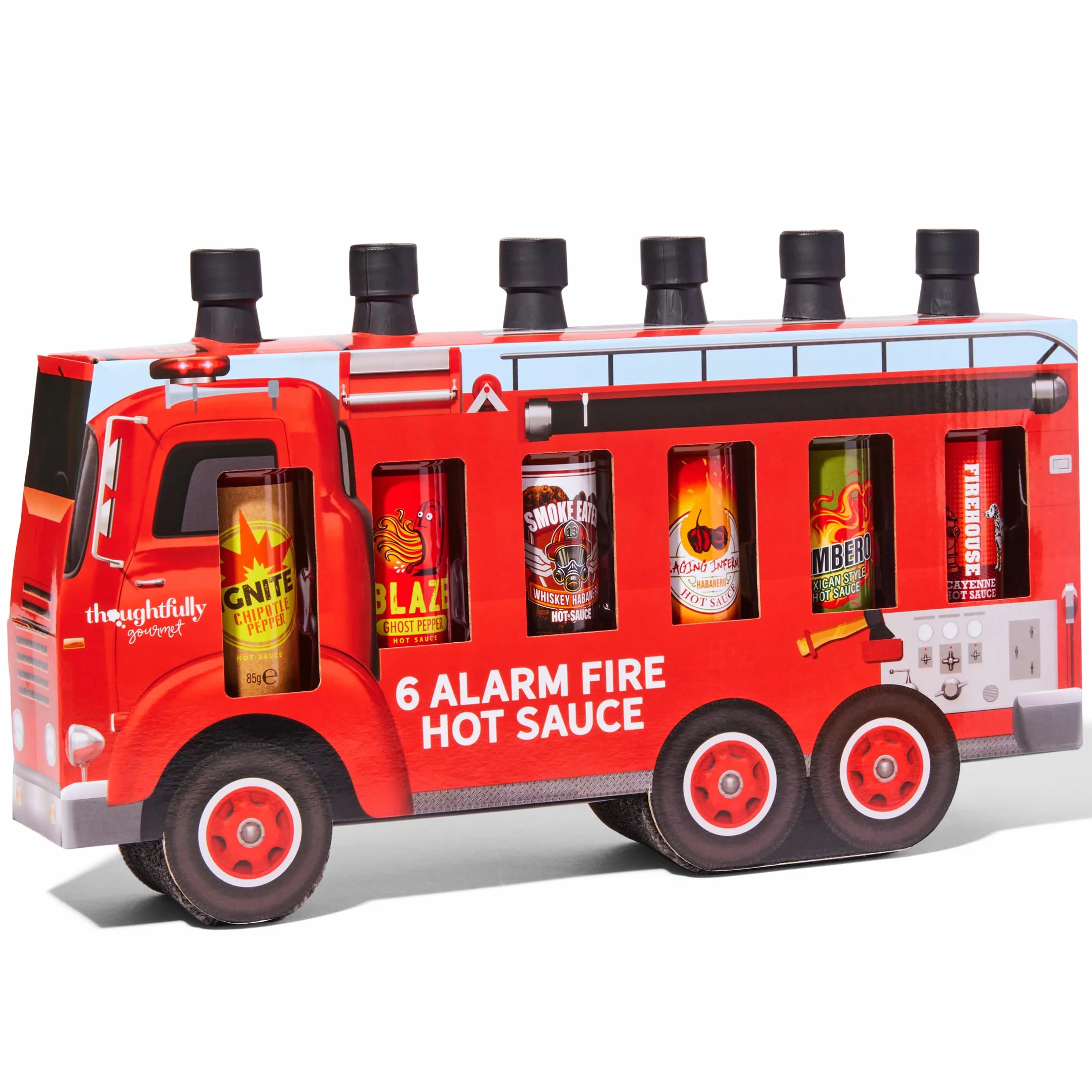 Thoughtfully Gourmet – Set de 6 Salsas Picantes – Regalo para Hombre – Ghost Pepper, Cayena, Chipotle – Pack Salsas Picantes en Camión de Bomberos – Regalo Barbacoa – 6 x 85 g