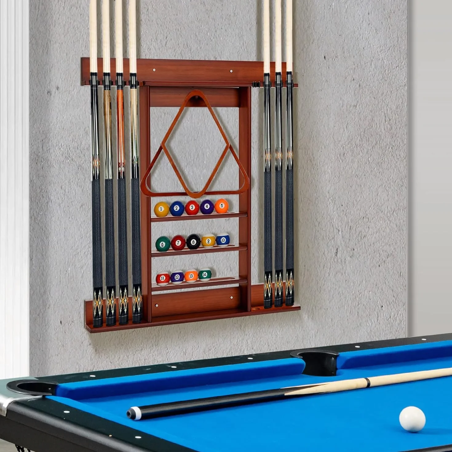 GYMAX Soporte para Tacos de Billar de Madera de Pino, para 8 Tacos, 15 Bolas y Accesorios