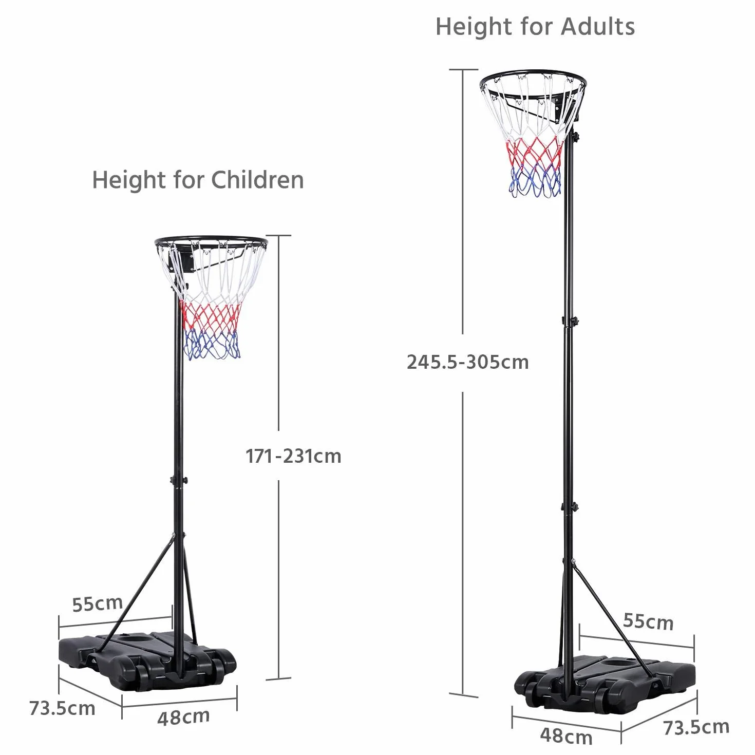 Netball Poste de altura ajustable 245,5-305 cm, aro de regulación portátil, juego de red de baloncesto tamaño completo negro y rojo