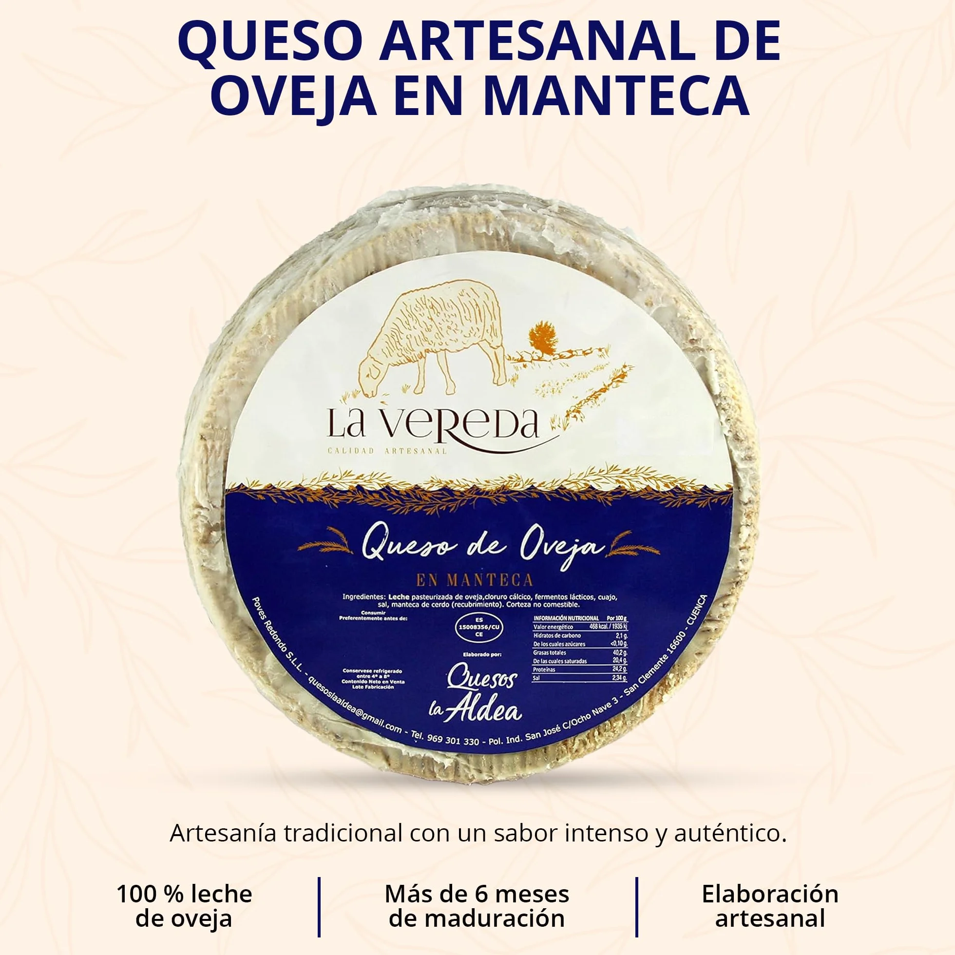 Queso Artesano de Oveja en Manteca de Cerdo 3 kg Curado Mínimo 6 Meses