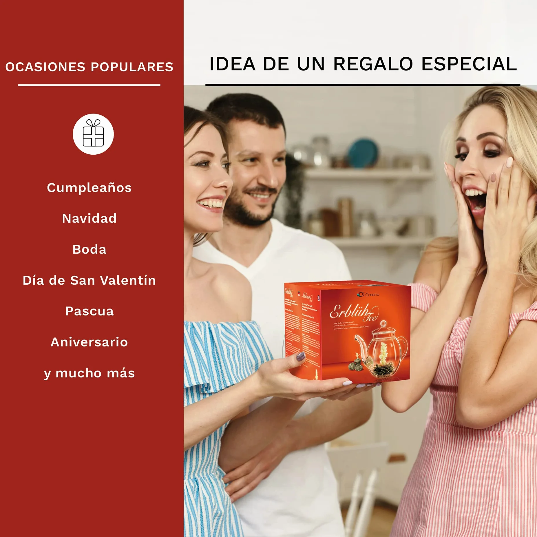 Creano Set Flores de Té Blanco 12 uds Tetera 500ml Antigoteo Cofre Magnético Regalo Mujer Mamá
