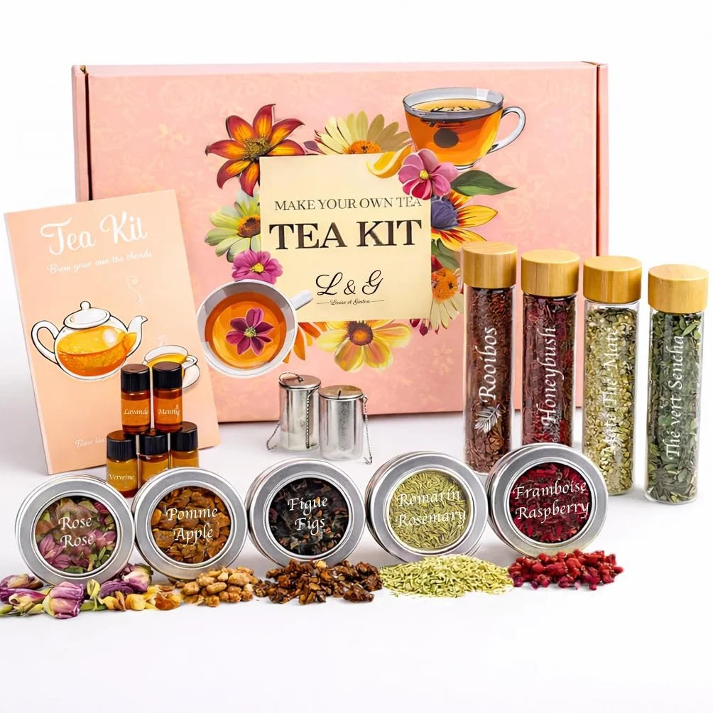 L&G® - Kit té preparación y degustación - Honeybush, Rooibos, Sancha Green, Maté - Infusores incluidos - Set de té DIY - Regalar Navidad, cumpleaños - Made in France - Ingredientes de calidad