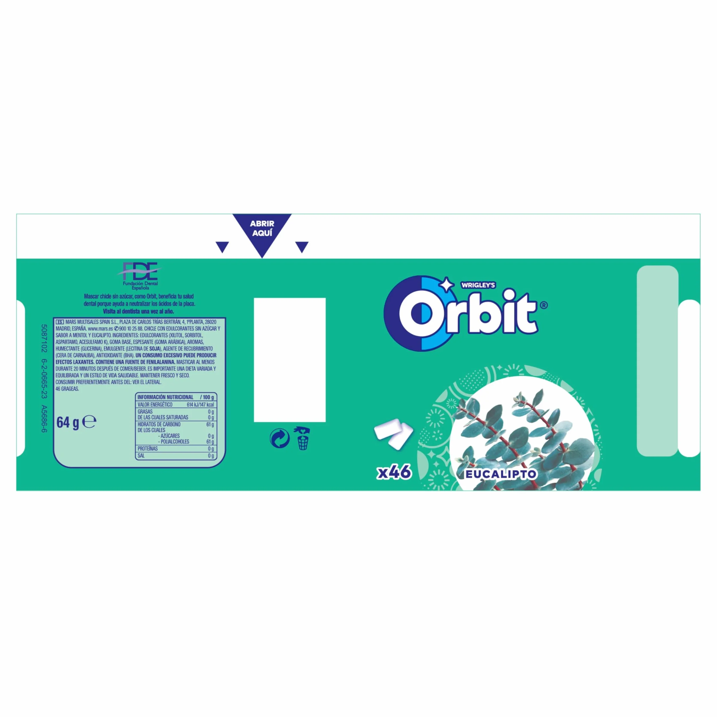 Orbit Bote de Chicles Sin Azúcar Sabor Eucalipto, Fresco, Intenso y de Larga Duración en formato Gragea (6 x 46 chicles)