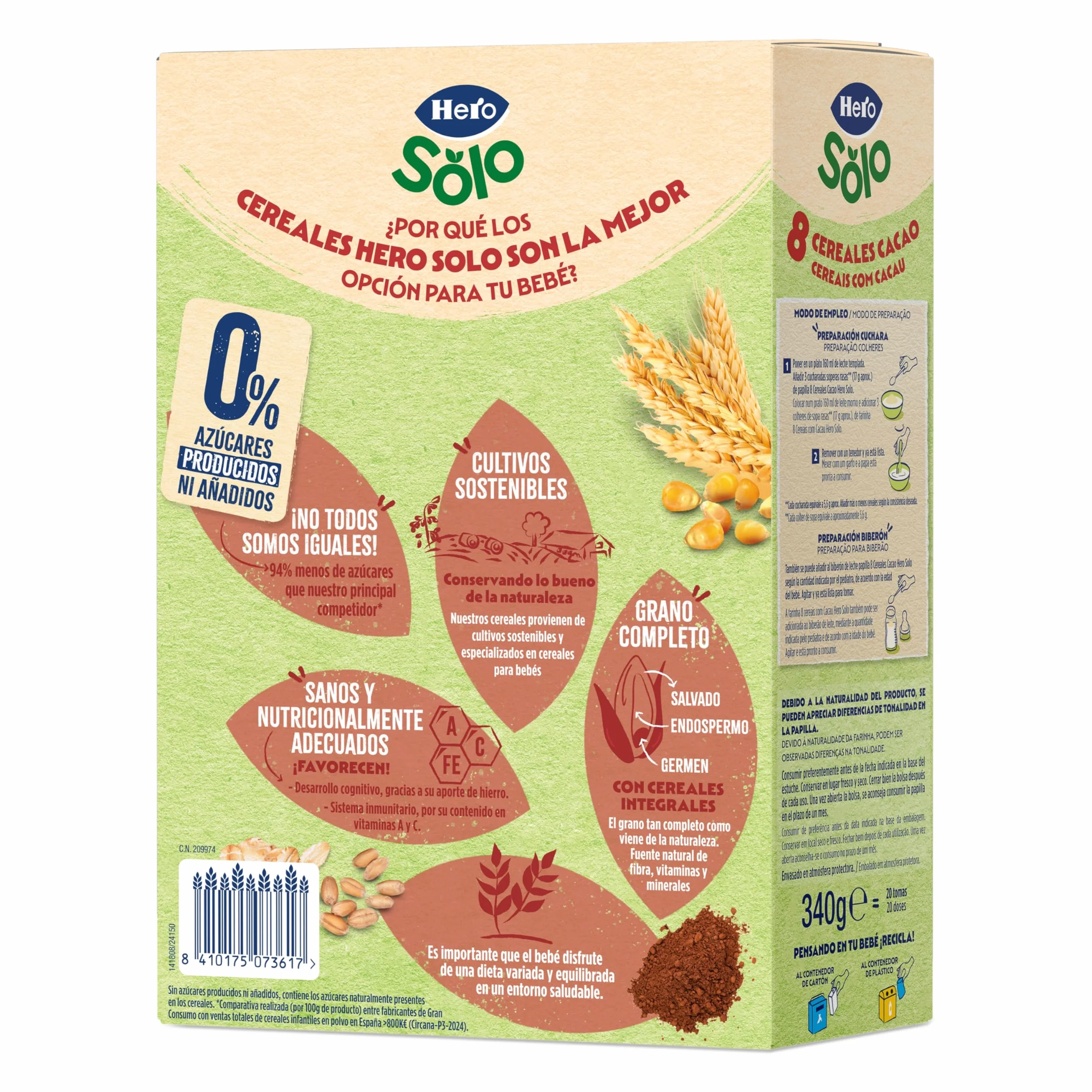 Hero Solo Papilla 8 Cereales con Cacao, Sin Azúcares Añadidos, Rica en Fibra y Vitaminas, Sabor Natural para Bebés, a partir de 12 meses