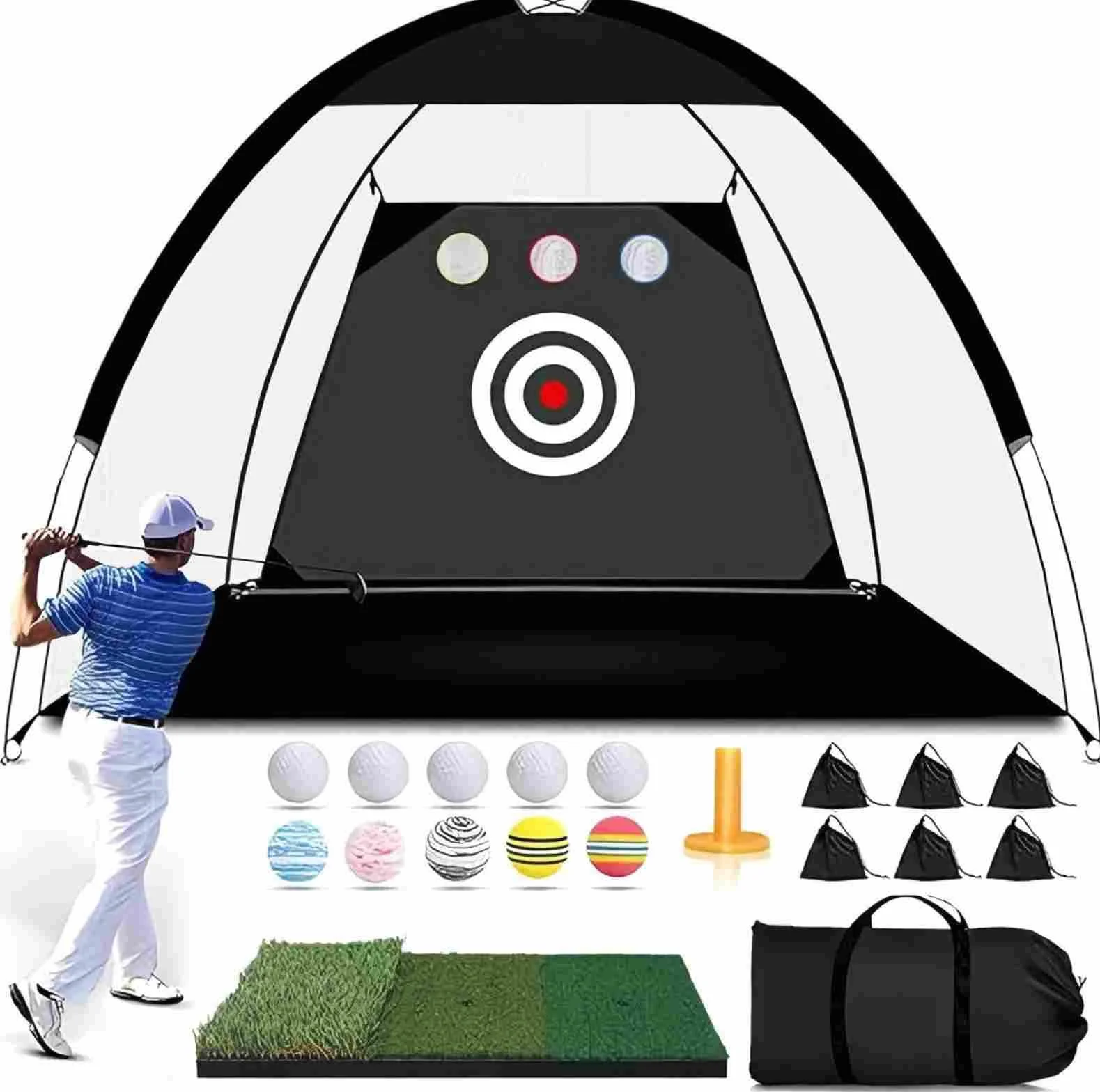 Red de golf de 10 x 7 pies con alfombra de césped tricolor, 5 pelotas y té para entrenamiento al aire libre