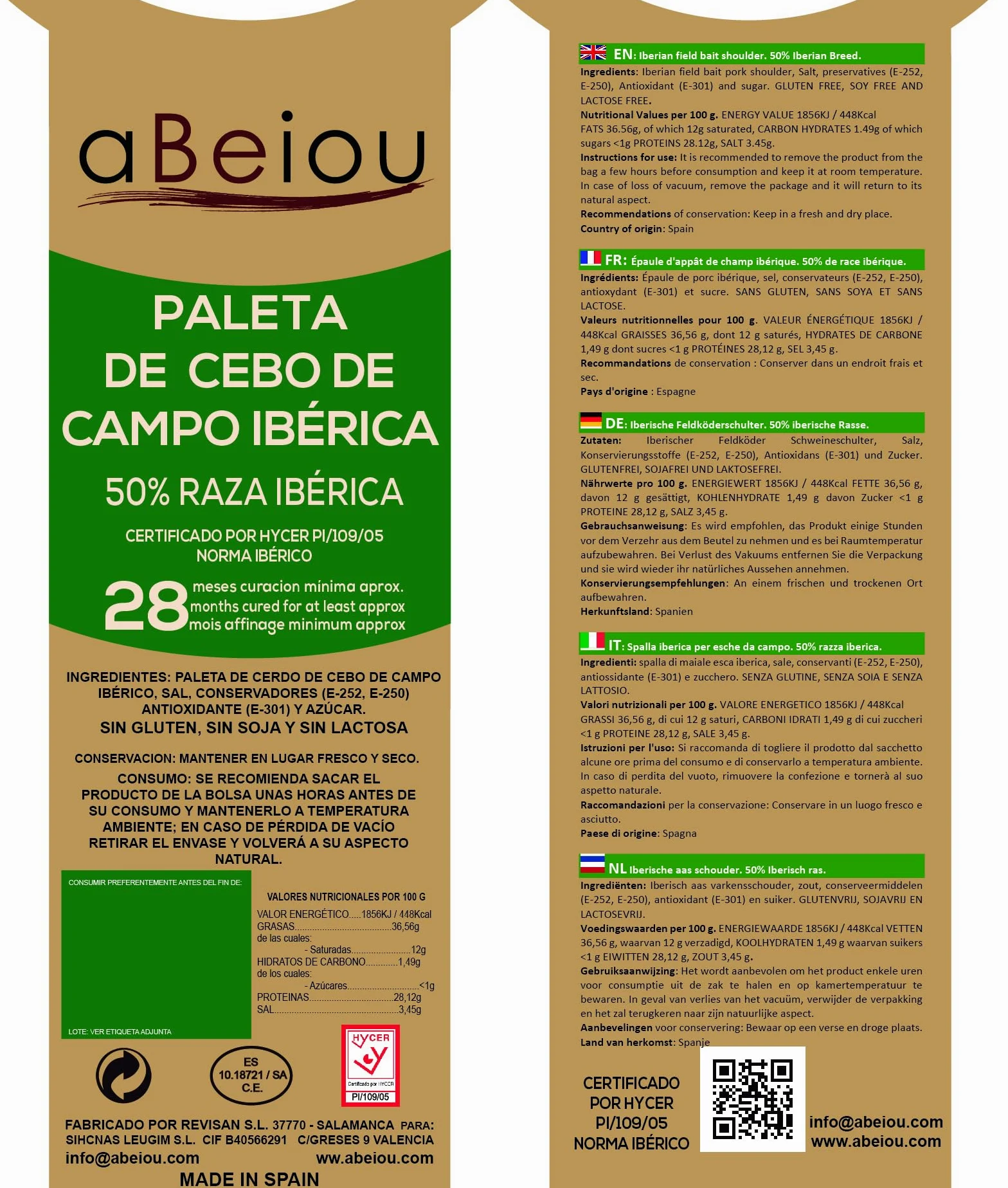 Paleta Ibérica de Cebo de Campo Pata Entera con Hueso 50% Raza Ibérica 4,5–5 kg — Curación +28 Meses — Cert. Hycer — Guijuelo Salamanca — aBeiou