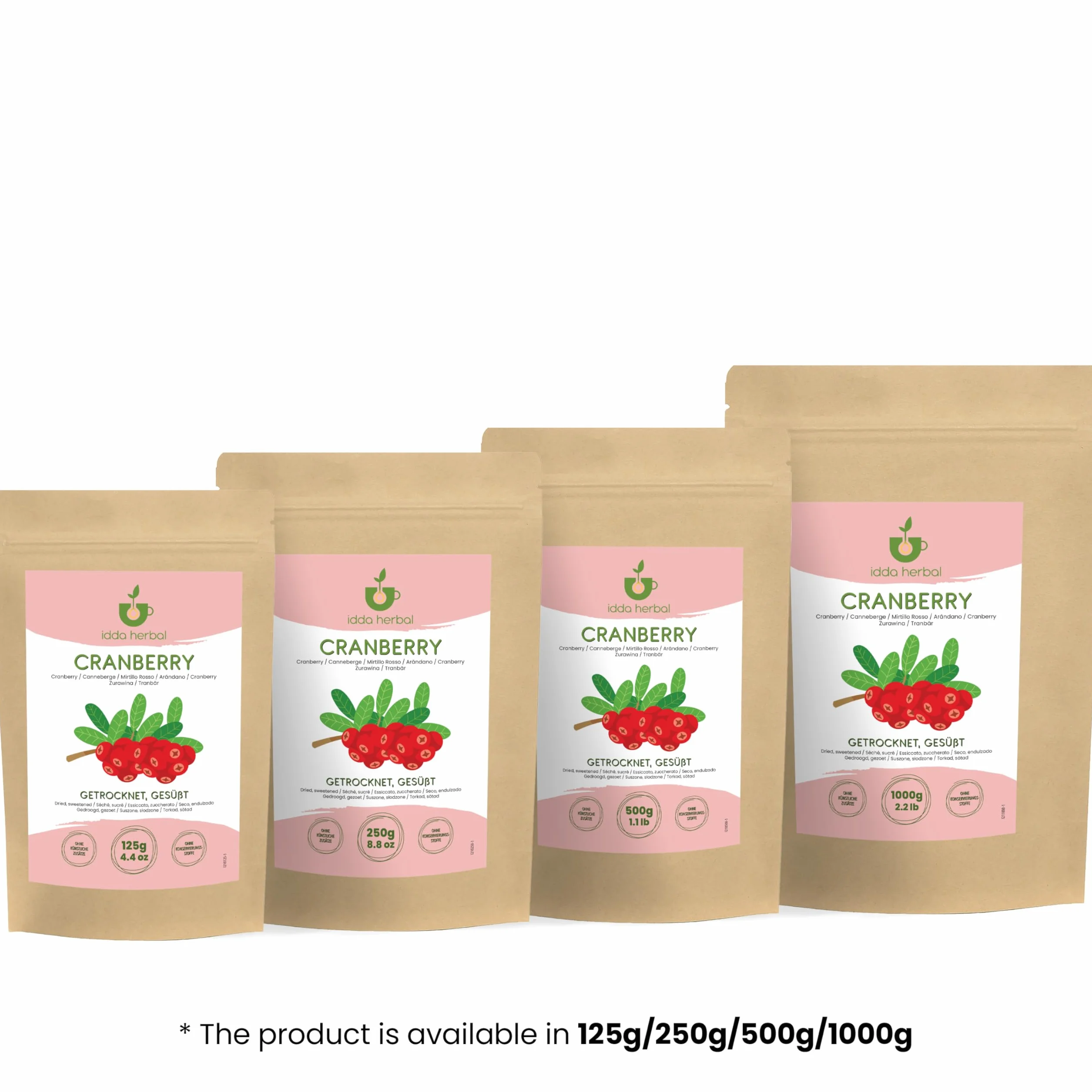 IDDA Herbal Arándanos Rojos Deshidratados 1kg, Arándanos Rojos Secos, Endulzados con Jugo de Manzana