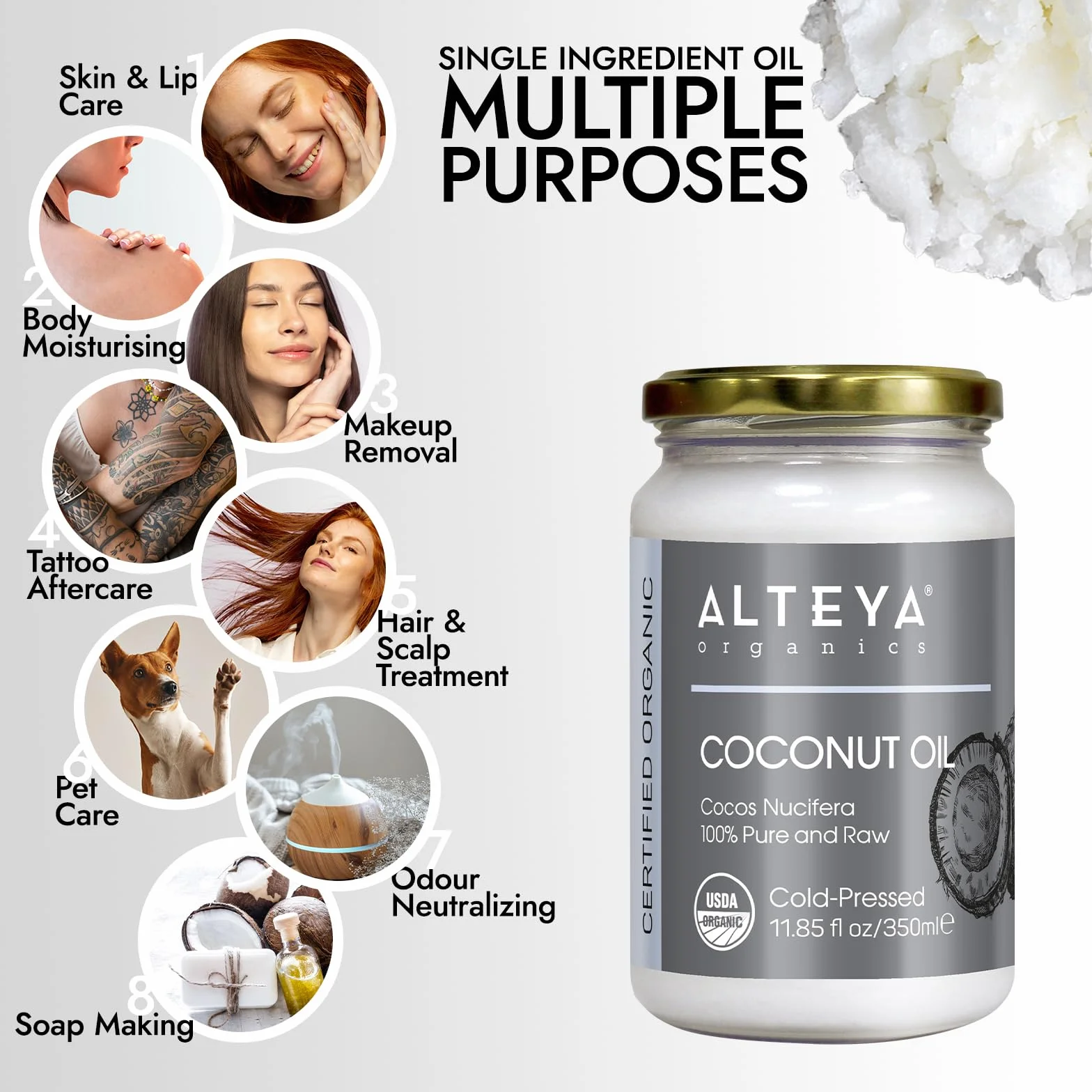 Alteya Aceite de Coco Crudo Virgen Extra Ecológico 350 ml - Aceite de coco 100% orgánico con certificado USDA, Cocos Nucifera puro y natural. País de origen Sri Lanka.
