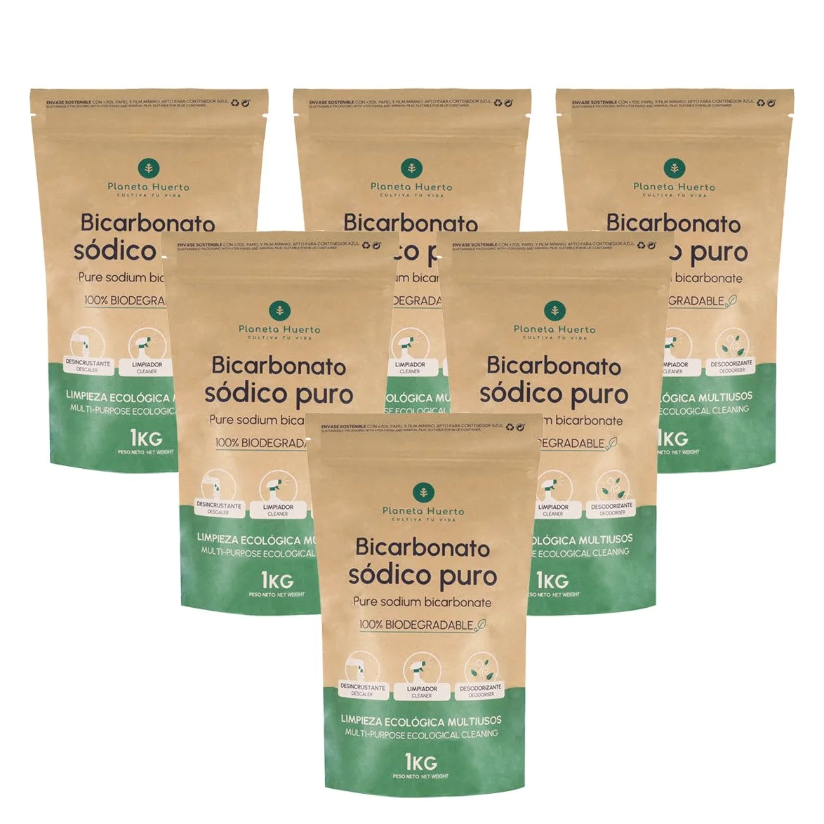 PLANETA HUERTO | Pack 6x Bicarbonato Sódico 1 Kg - Limpiador Ecológico Multiusos, Desodorante y Abrillantador Natural