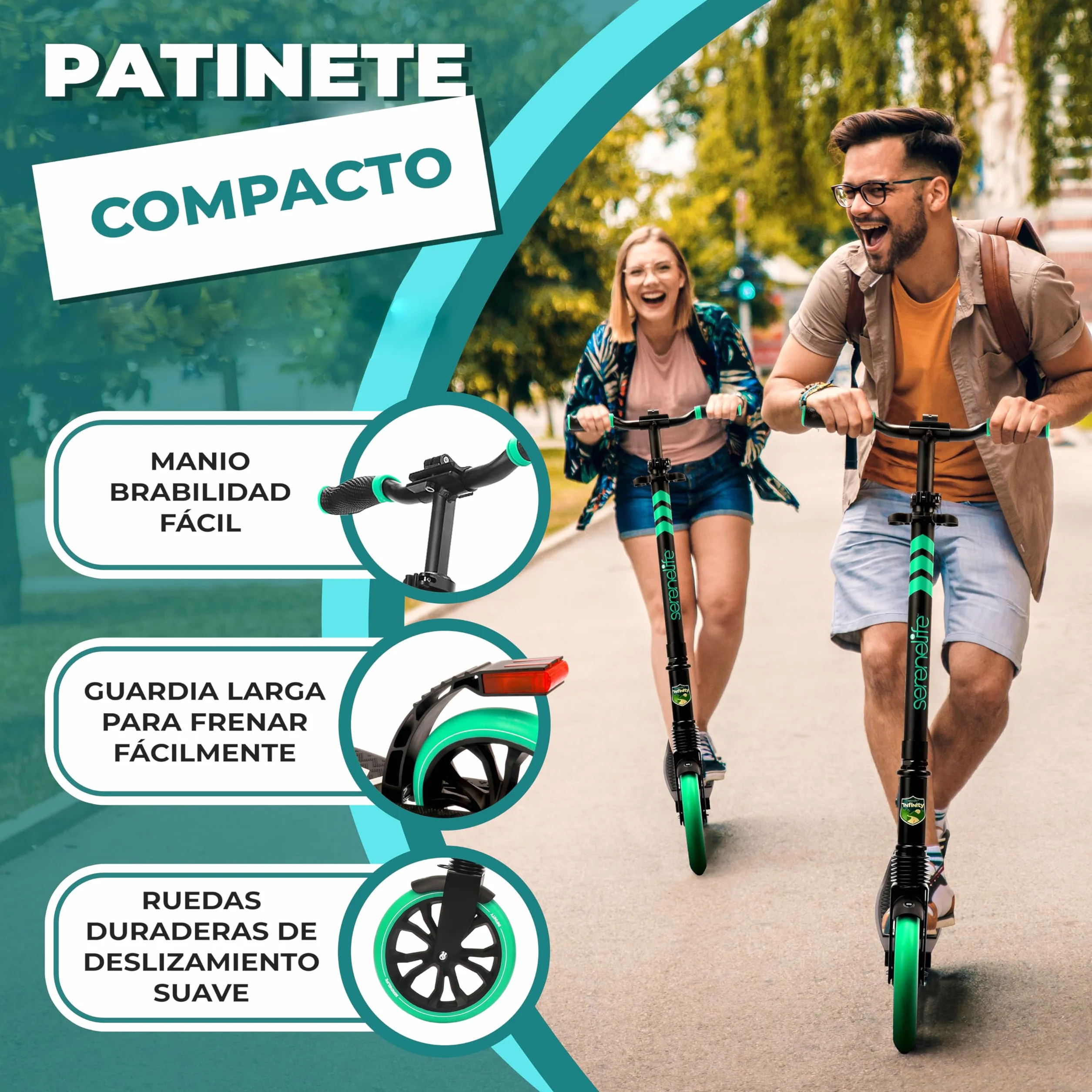 SereneLife Patinete Plegable Ajustable con Luces Freno Manillar Dos Ruedas