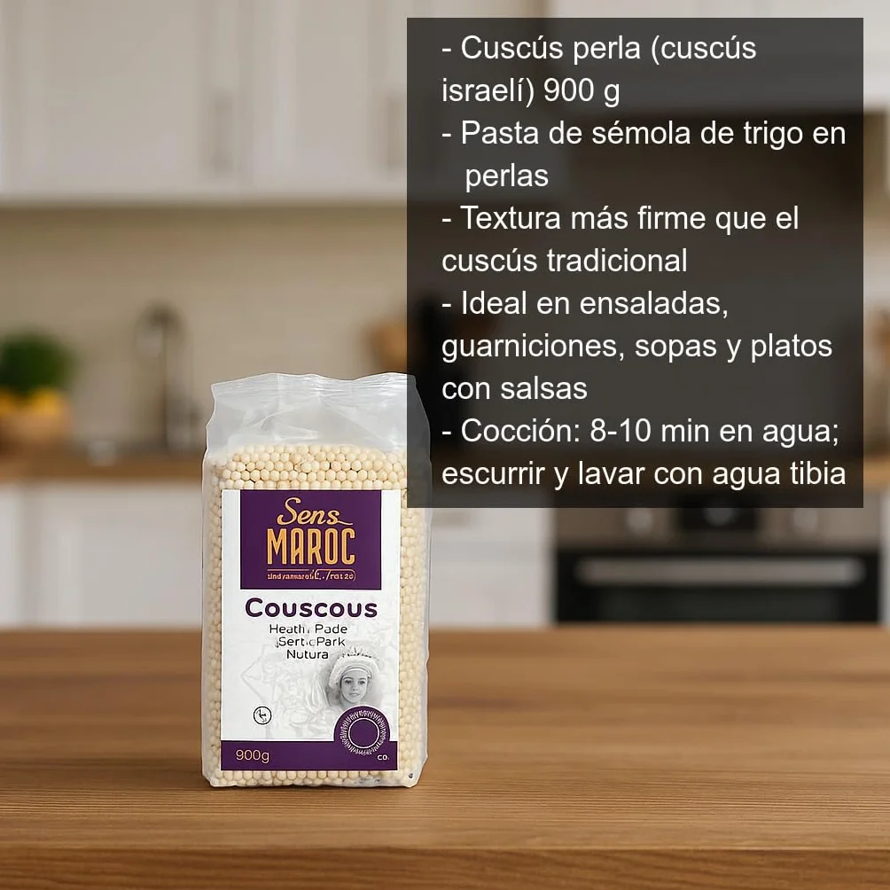 Cuscús Perla 900 g tipo israelí Pasta de sémola de trigo para ensaladas y guarniciones Textura firme y suelta, absorbe salsas y caldos