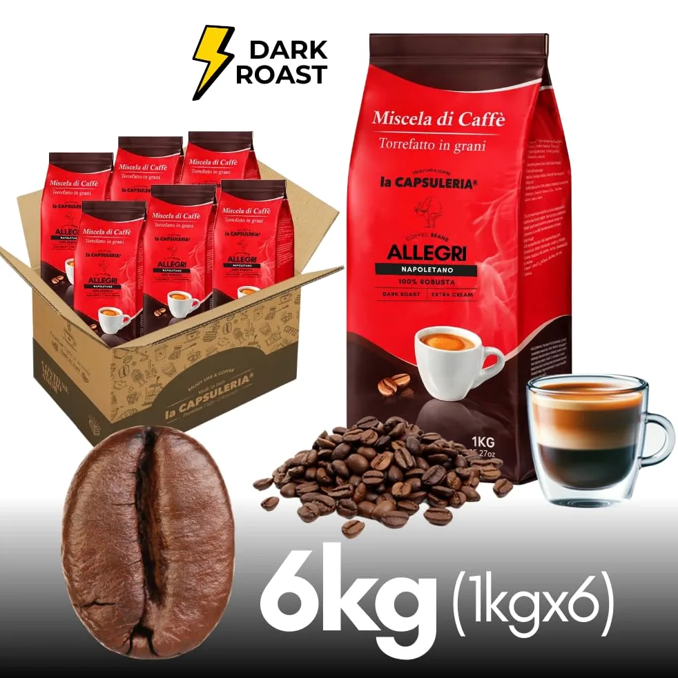 CAFÉ EN GRANO ALLEGRI NAPOLETANO (6 kg) - 100% Robusta | Pack 6 kg (6 x 1 kg) | Café en grano 100% Robusta, tostado en Italia, fuerte, intenso y con cuerpo