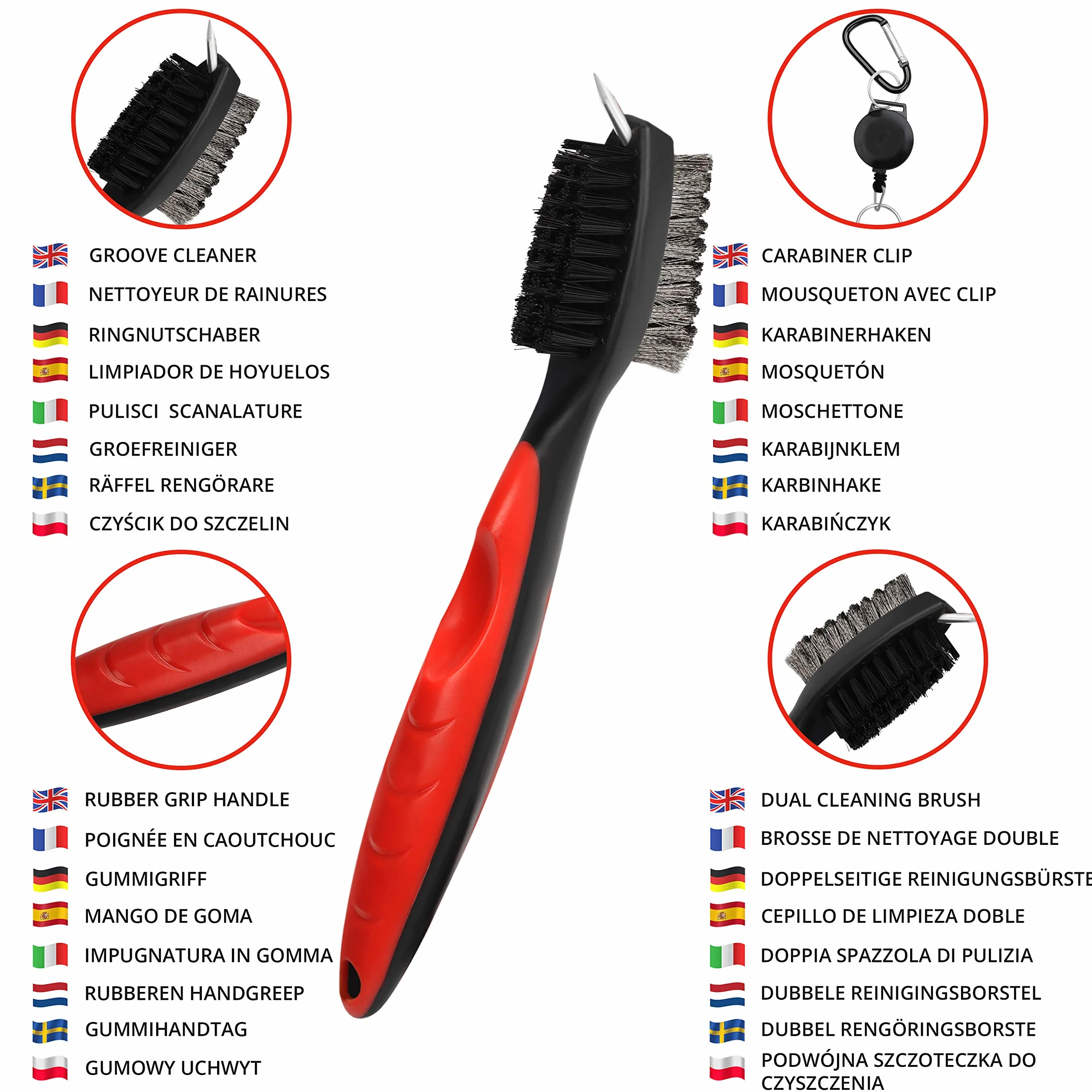 K&V Golf Cepillo Limpiar Palos de Golf y Hoyuelos - Cepillo de Dos Lados Nailon y Acero con Clip