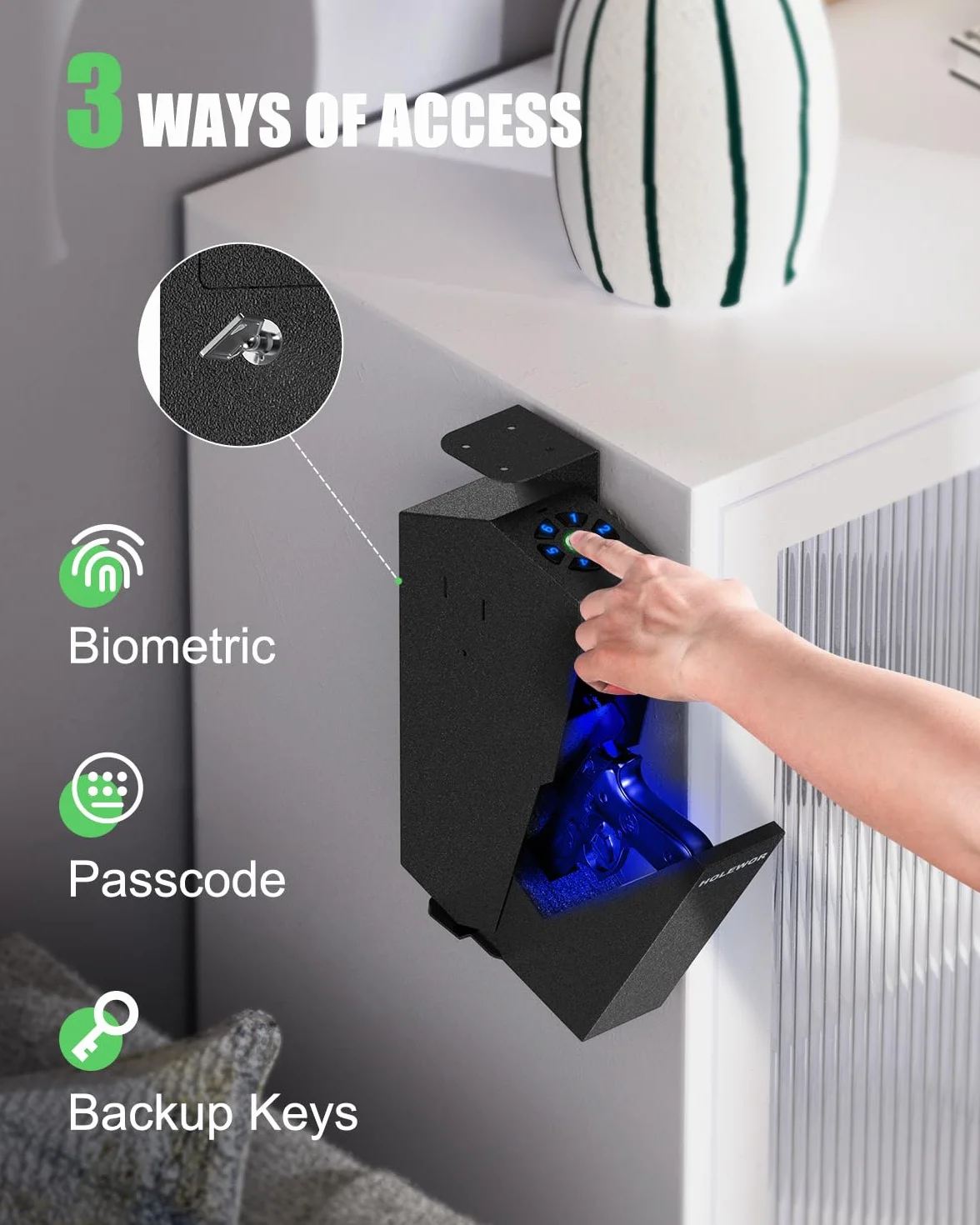 Holewor Caja fuerte para pistola biométrica huellas dactilares acceso rápido montaje único vehículo escritorio mesita de noche