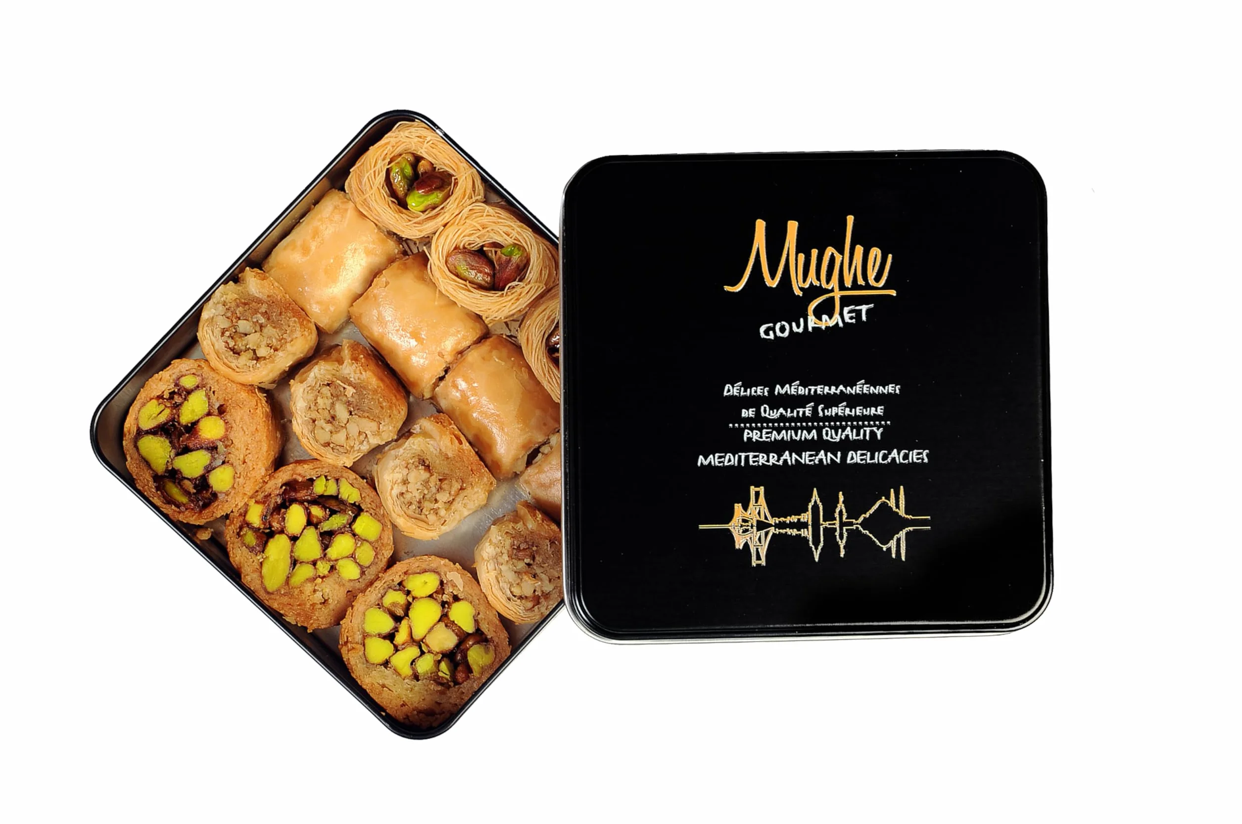 Mughe Gourmet - Caja de regalo elegante de surtido de Baklava - Baklawa Pequeños postres en tamaño bocado de pistacho, anacardo, avellana y nuez - 250g - Perfecto para cumpleaños, Navidad, Eid y más
