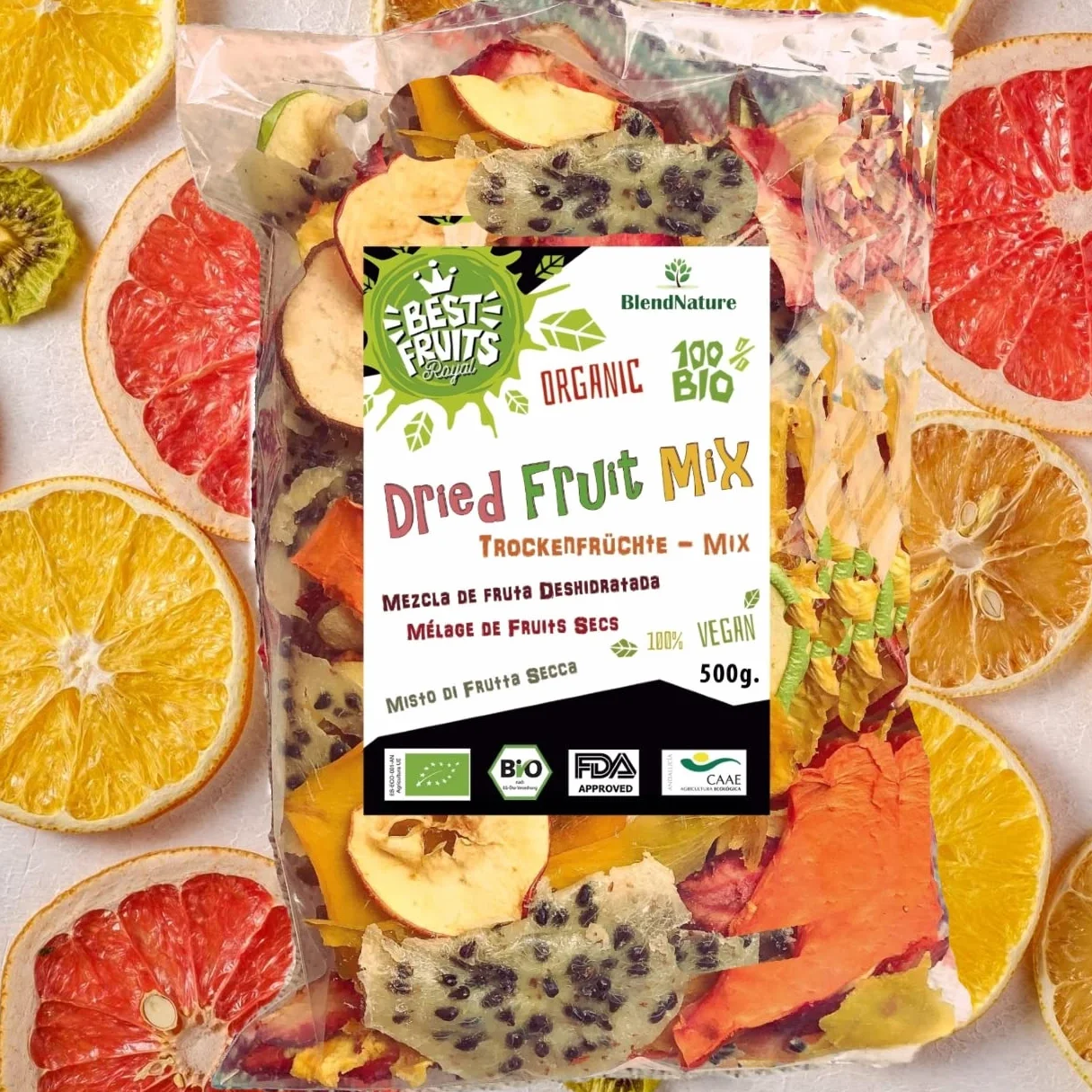 Fruta Deshidratada Sin Azucar Añadido - MIX 10 Mango Naranja Platano Manzana Pera Kaki Melocoton Piña Melon Arandanos 500g - 100% Natural – Ideal para Pasteles Cocteles o Snack – Sin Gluten