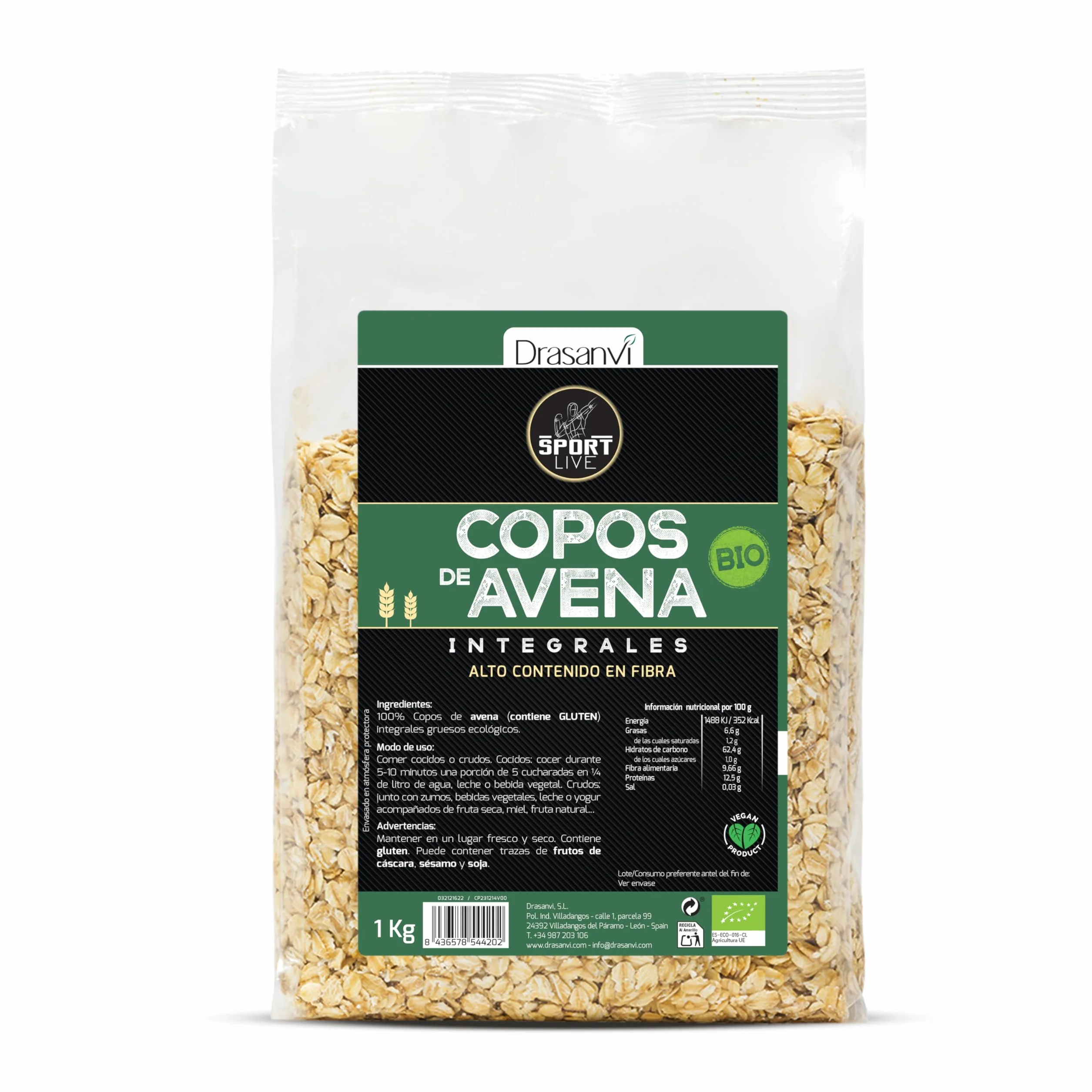 Drasanvi SPORT LIVE Copos de Avena Gruesos Integrales BIO | Fuente natural de proteínas y Vitaminas del grupo B y E | Alto contenido en Fibra | 1kg