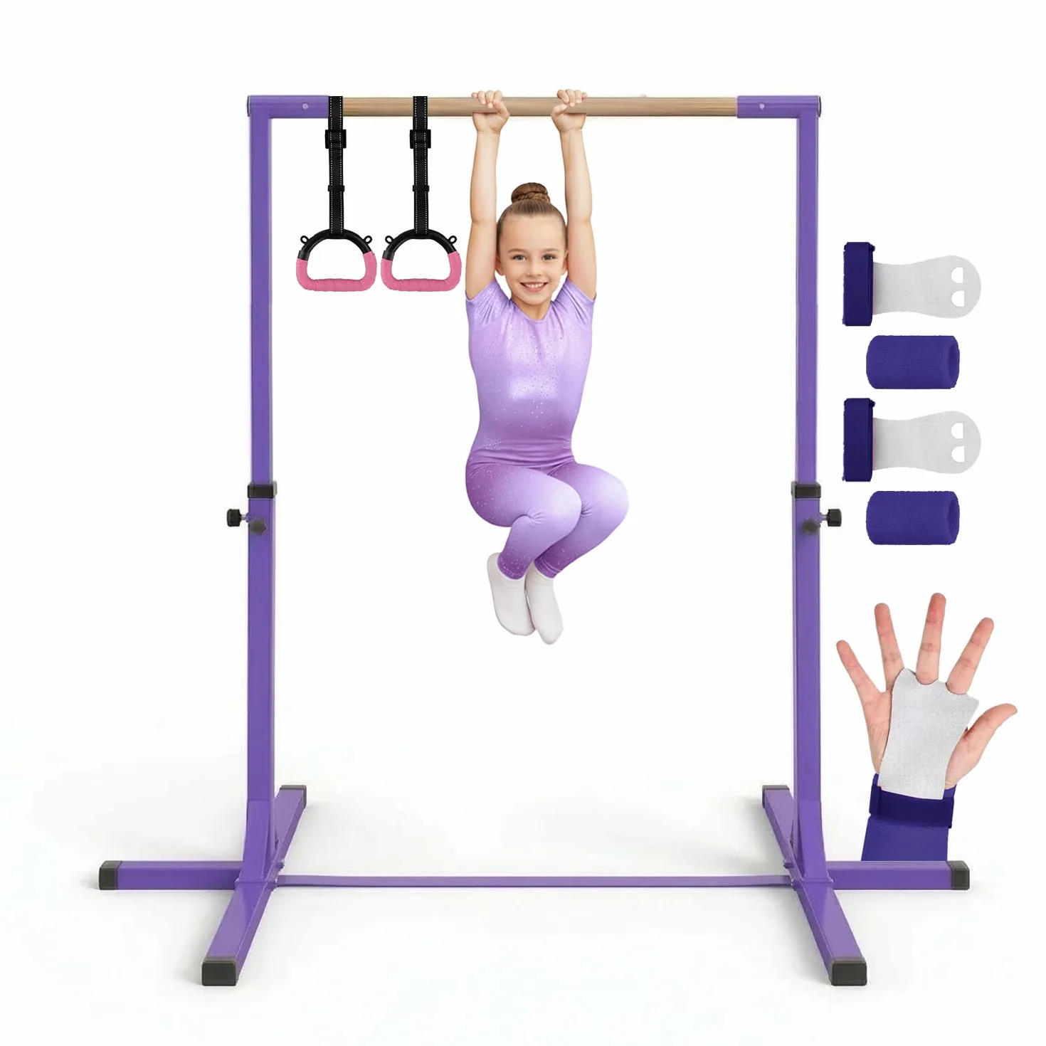 Gym Bar Barra Gimnasia Infantil Violeta Anillas Rosas 13 Niveles Ajustables 90-150 cm Acero Madera Haya Correas Antideslizantes Fitness