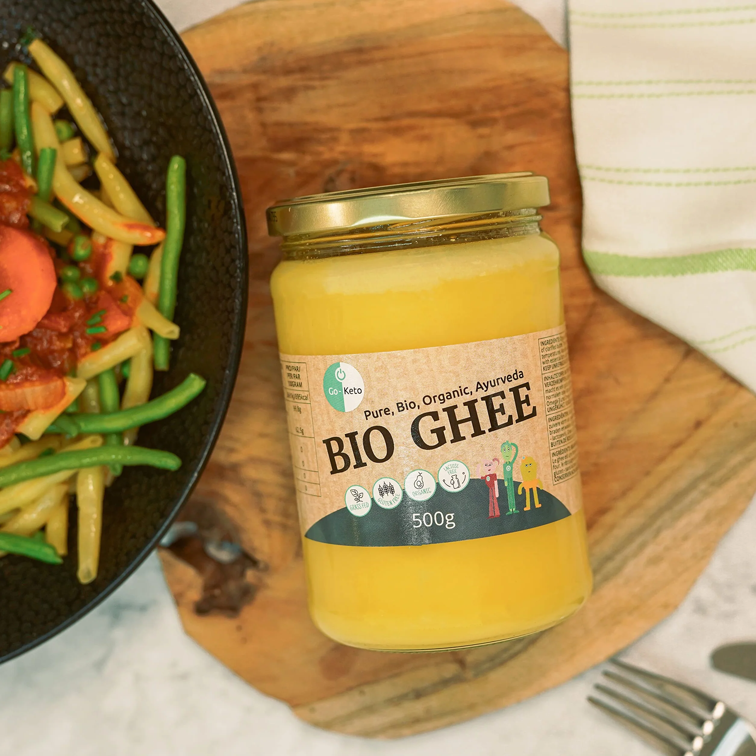 Go-Keto BIO Ghee, 500g | Mantequilla 100% clarificada, certificada BIO, Ayurveda | perfecto para la dieta cetogénica | ideal para hornear y asar | Sin lactosa, sin gluten, bajo en carbohidratos