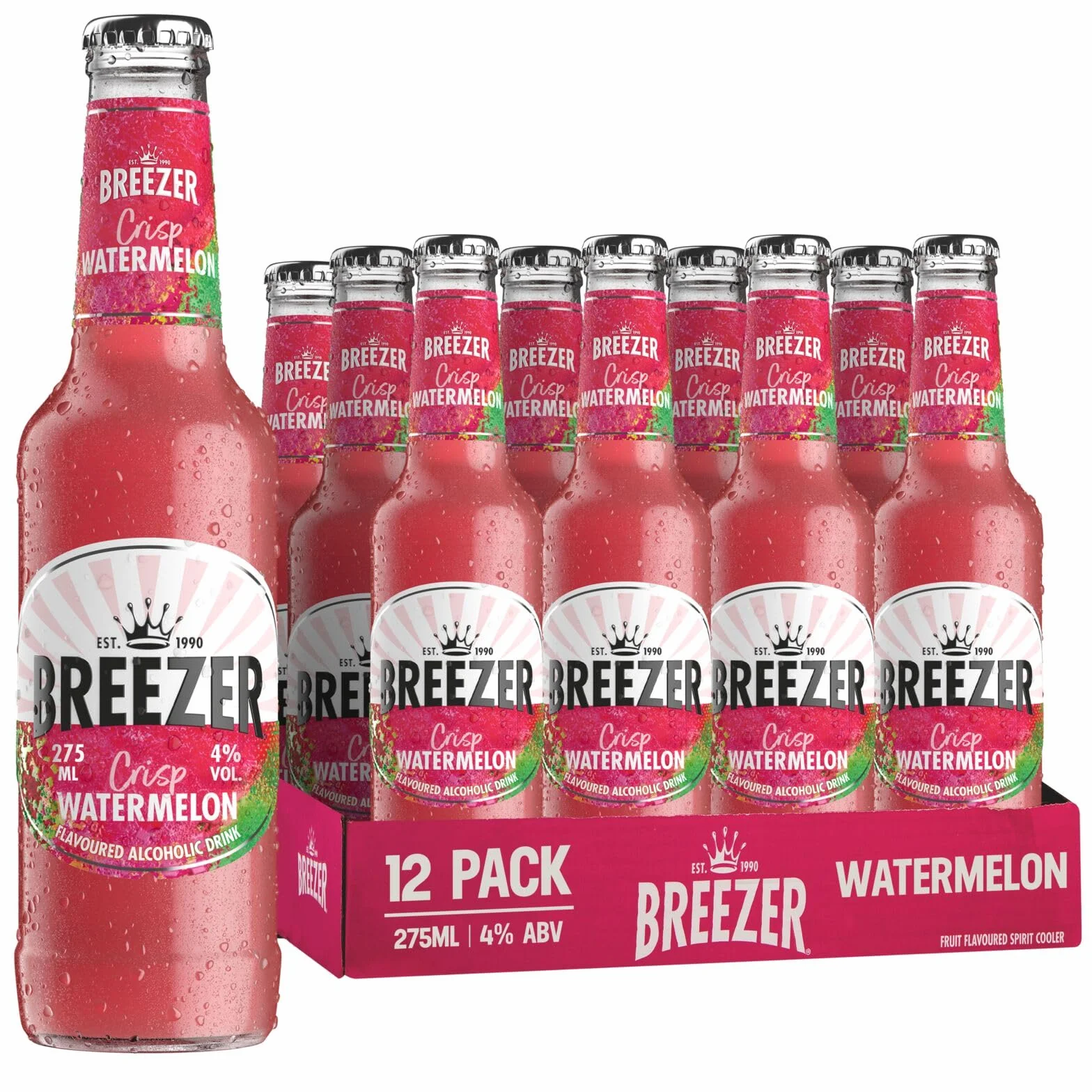 BREEZER Crisp Watermelon Bebidas Alcohólicas con Sabor a Sandía, 4% Vol., 27,5 cl / 275 ml (Pack de 24), Alcohol Premezclado Listo para Beber