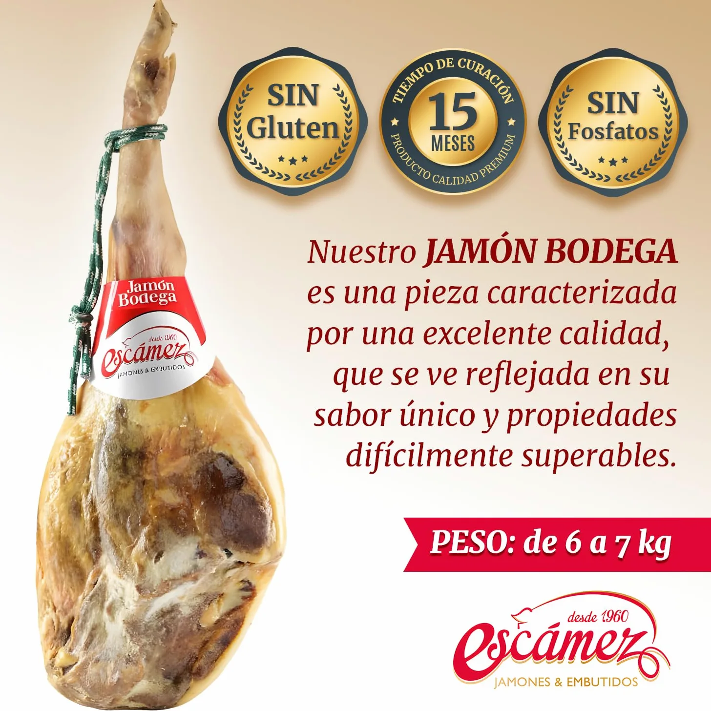 Jamon Bodega Serrano Gr | Escamez Prosciutto | Jamón Reserva sin Pata | Perniles de 6 a 7 Kilos | Jamon Curado | Embutido de Curación Superior a 18 meses | Sin Gluten