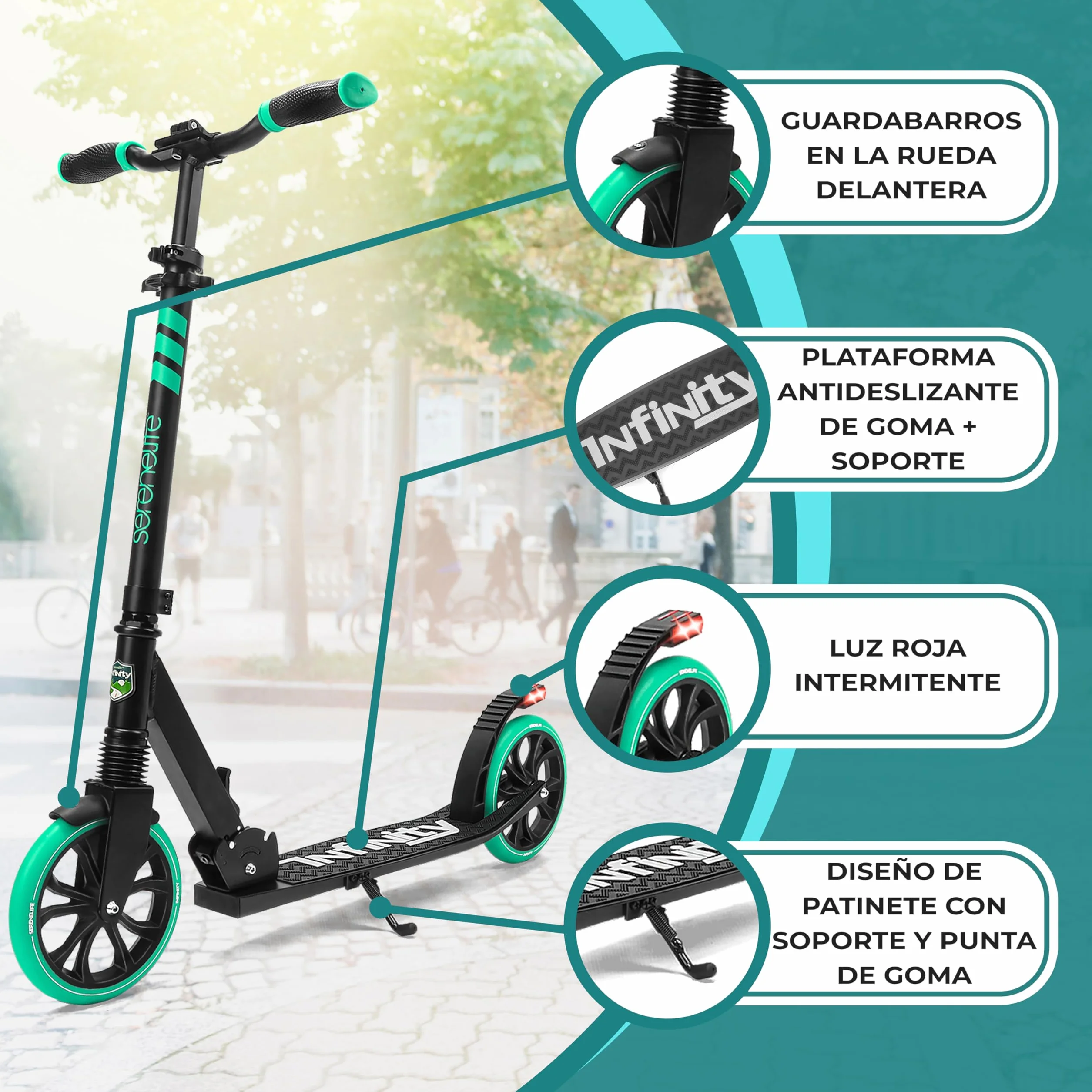 SereneLife Patinete Plegable Ajustable con Luces Freno Manillar Dos Ruedas