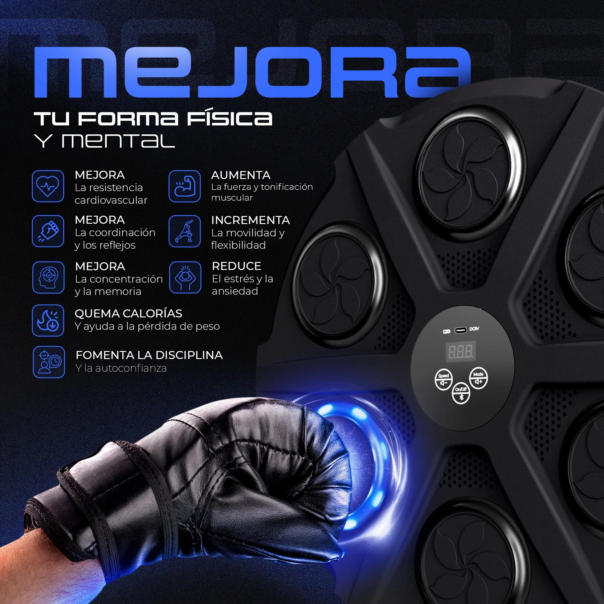 Ezero Maquina de Boxeo Musical con Bluetooth LED 12 Niveles Entrenamiento Pared