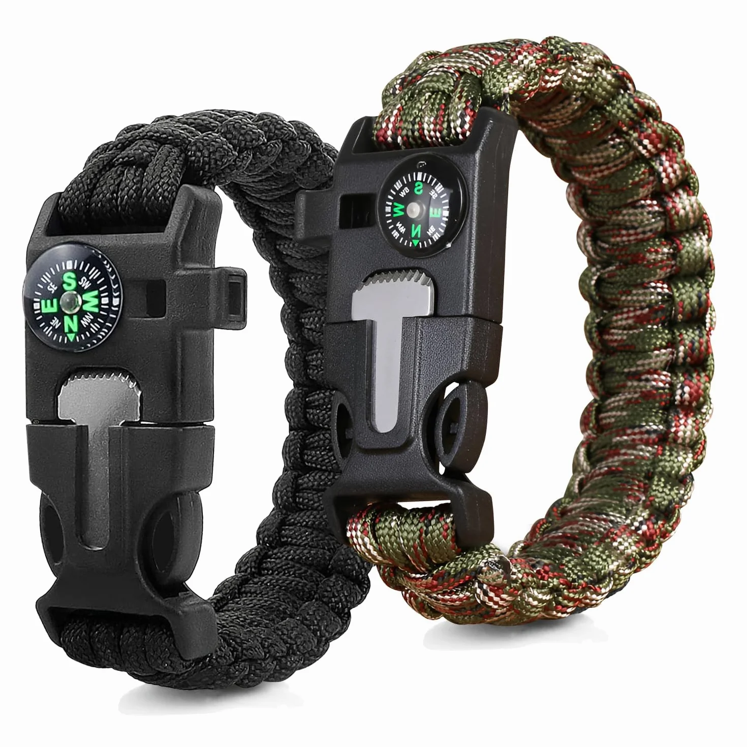 Pulsera de supervivencia de paracord 2 piezas, 5 en 1, cuerda de 3,5 m, piedra de fuego, brújula, silbato, cuchillo