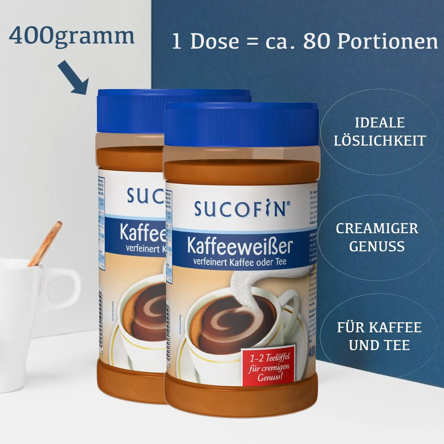 SUCOFIN Blanqueador de café 24 x 400 g fácilmente soluble, ideal para café/té, larga duración, perfecto para gastro, cafetería, oficina, panadería, 24 unidades para un disfrute cremoso