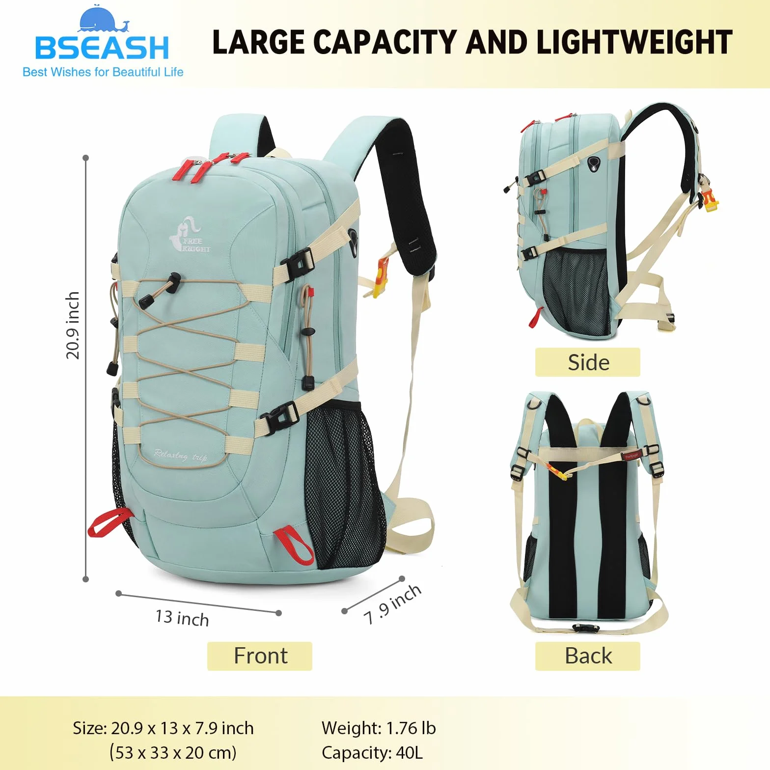 Bseash Mochila de senderismo impermeable 40L con cubierta de lluvia para viaje