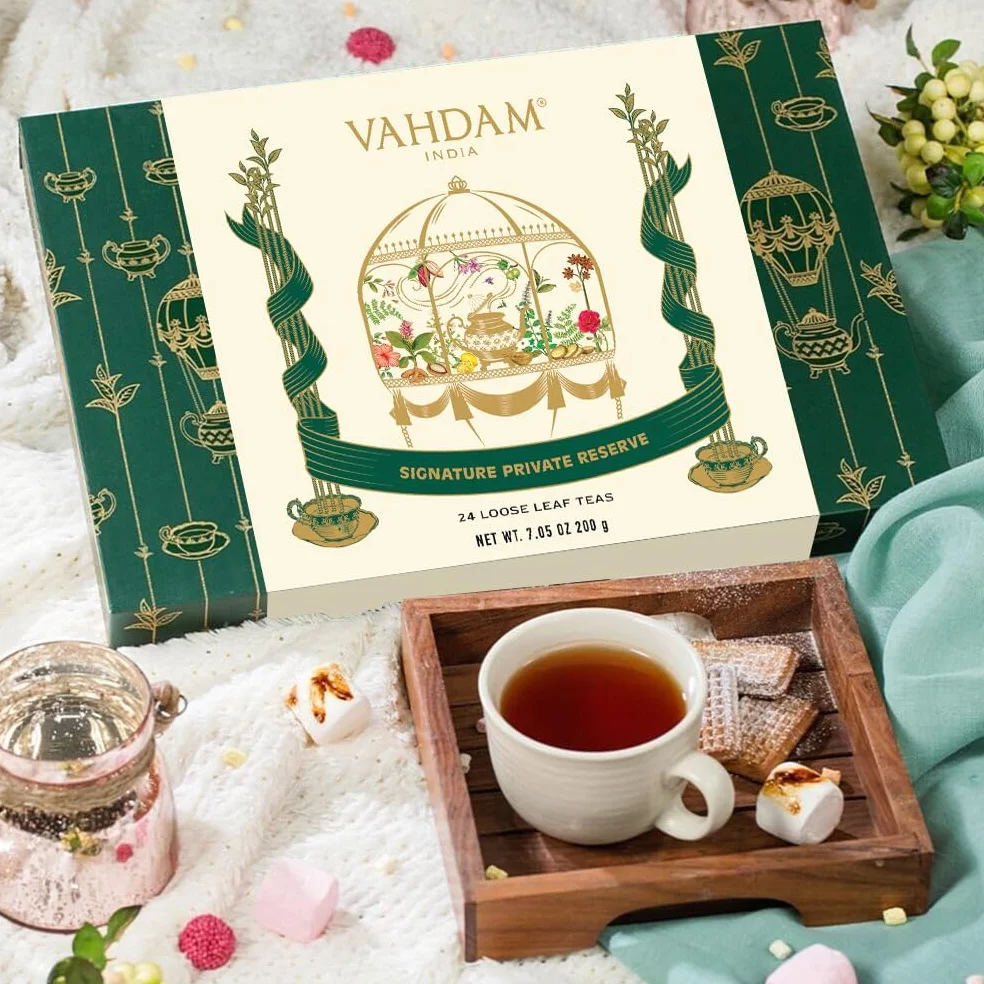 VAHDAM, Caja de Regalo de Lujo de 24 Tés a Granel Únicos en Latas - Caja de Regalo Premium | Sin Gluten & No OGM | Regalos de San Mujeres y Hombres