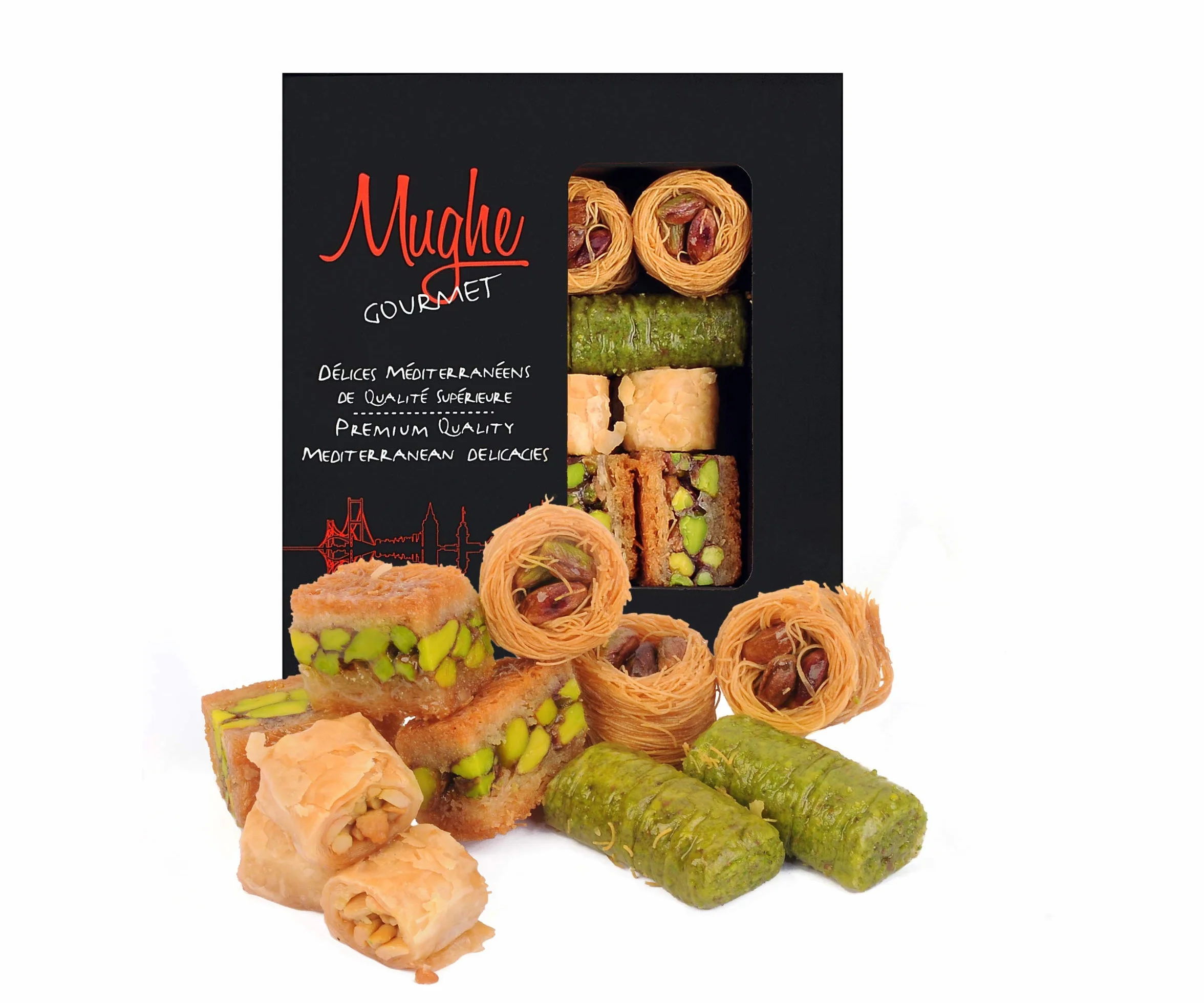 Mughe Gourmet - Caja de regalo de surtido de baklava de pistacho turco en tamaño bocado - Pequeños regalos de pastelería - 150gr/5.3oz - Celebra cumpleaños, Día del Padre y de la Madre, Navidad