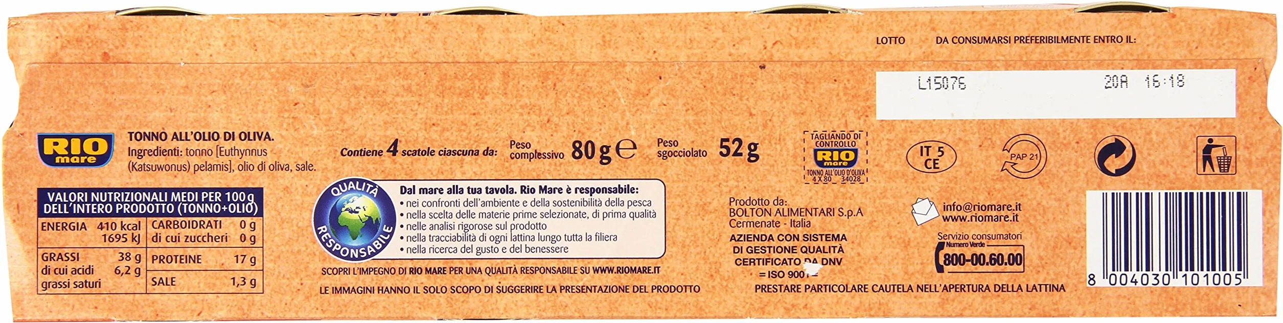 Rio Mare Tonno all'Olio di Oliva, 4 Scatole da 80 G - 320 gr