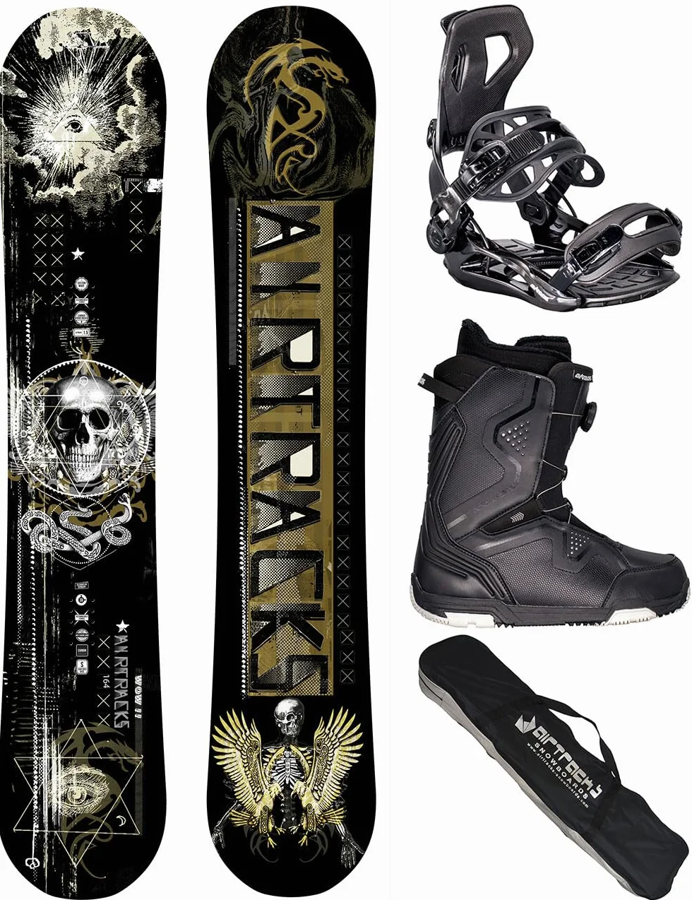 AIRTRACKS Snowboard Set Tabla Wow Carbon Wide Hybrid Rocker Fijaciones Master Botas SB Bolsa 150 155 160 164 cm