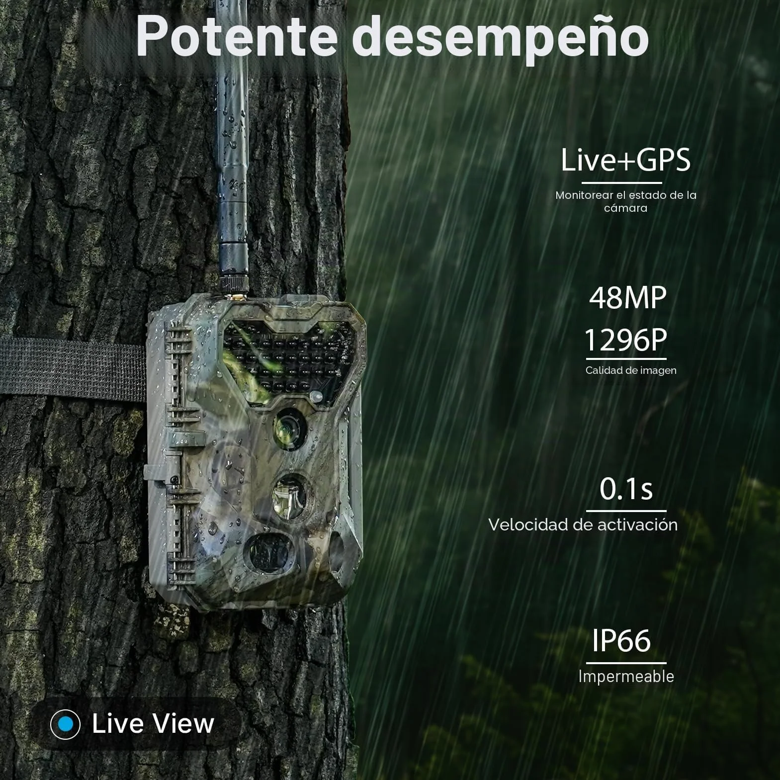 Meidase S970 Pro 4G LTE Cámara de Caza, 48MP 1296P, con Transmisión en Vivo, Visión Nocturna, Activación por Movimiento 0.1s, Transferencia de App, con Batería de 7800mAh y Tarjeta SD 64GB, GPS