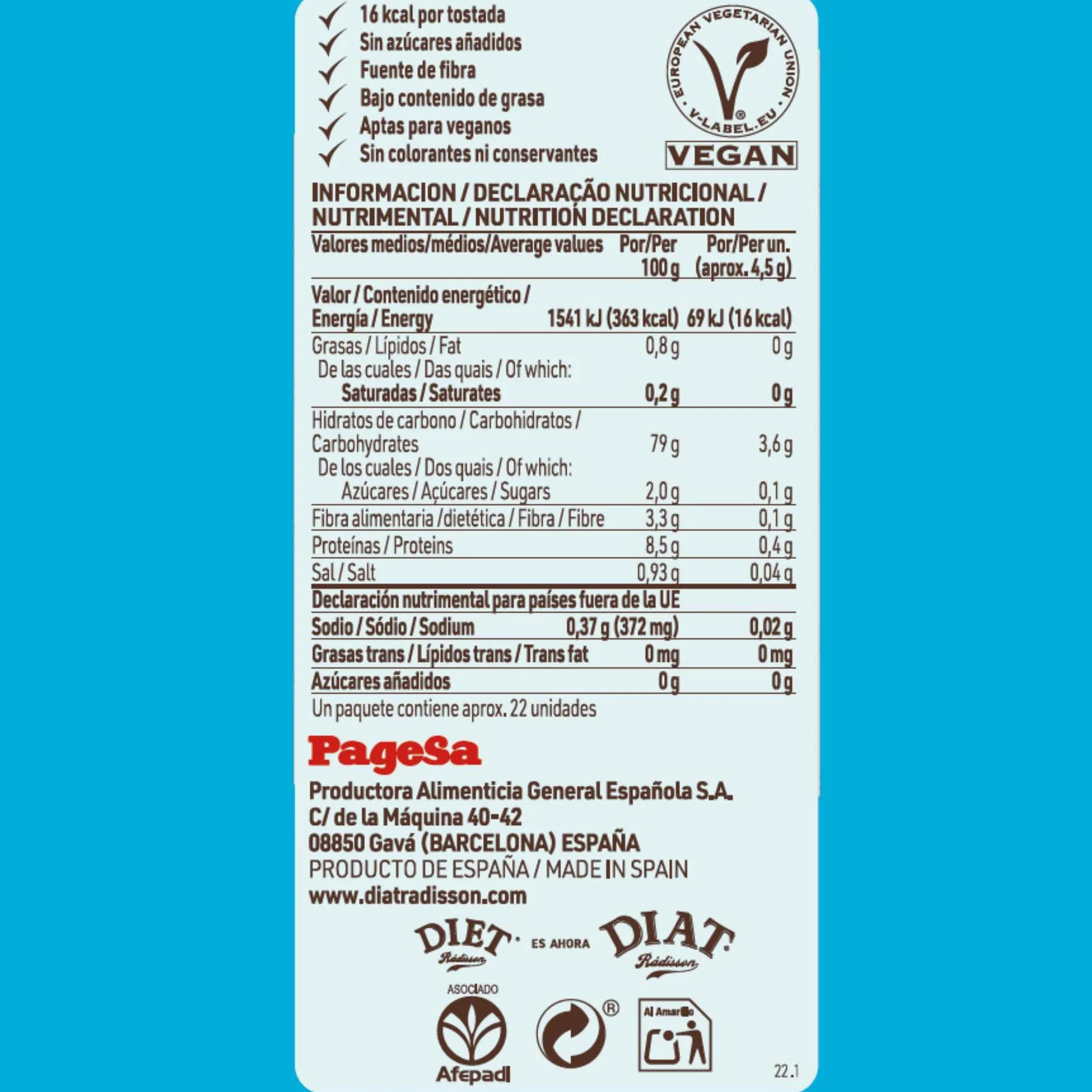 DIAT Radisson - Tostadas Ligeras | Tostadas Veganas | Fuente de Fibra | Bajo Contenido en Grasa | Sin Azúcar Añadido | Apto para Dietas de Control de Peso