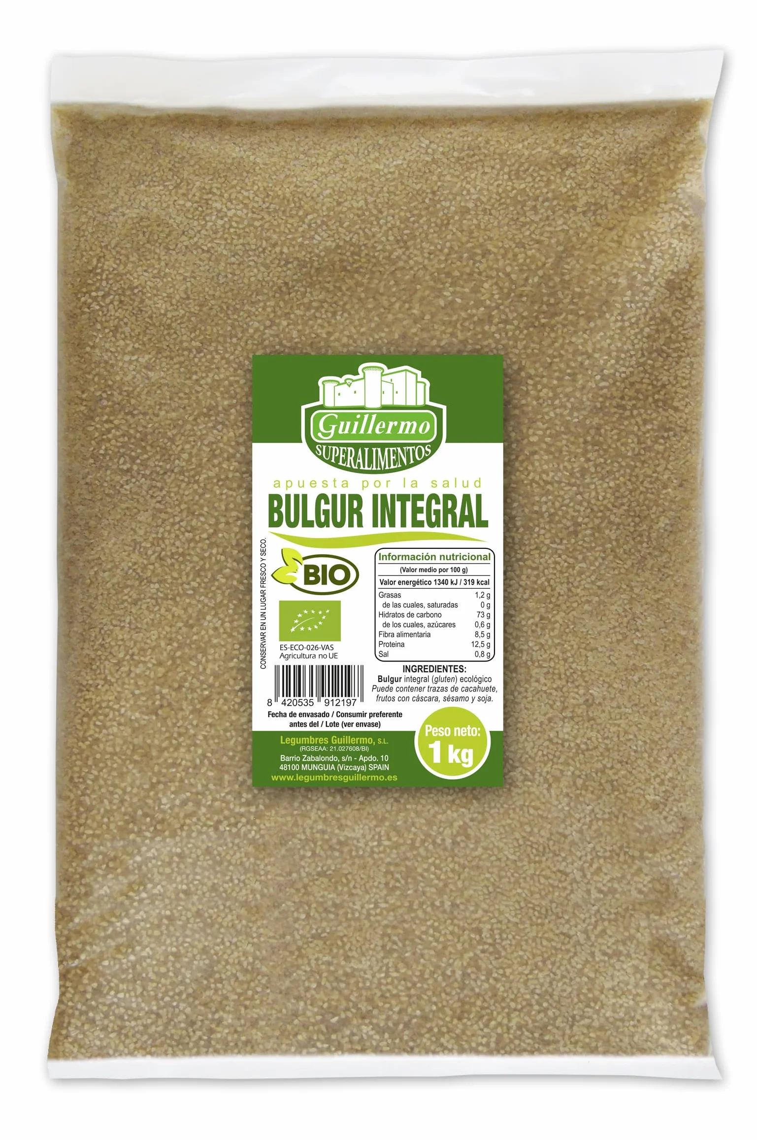 Guillermo | Bulgur integral BIO - Bolsa 1kg. | 100% ecológico | Muy bajo en grasas | Rico en fibra | Buen aliado de nuestra salud