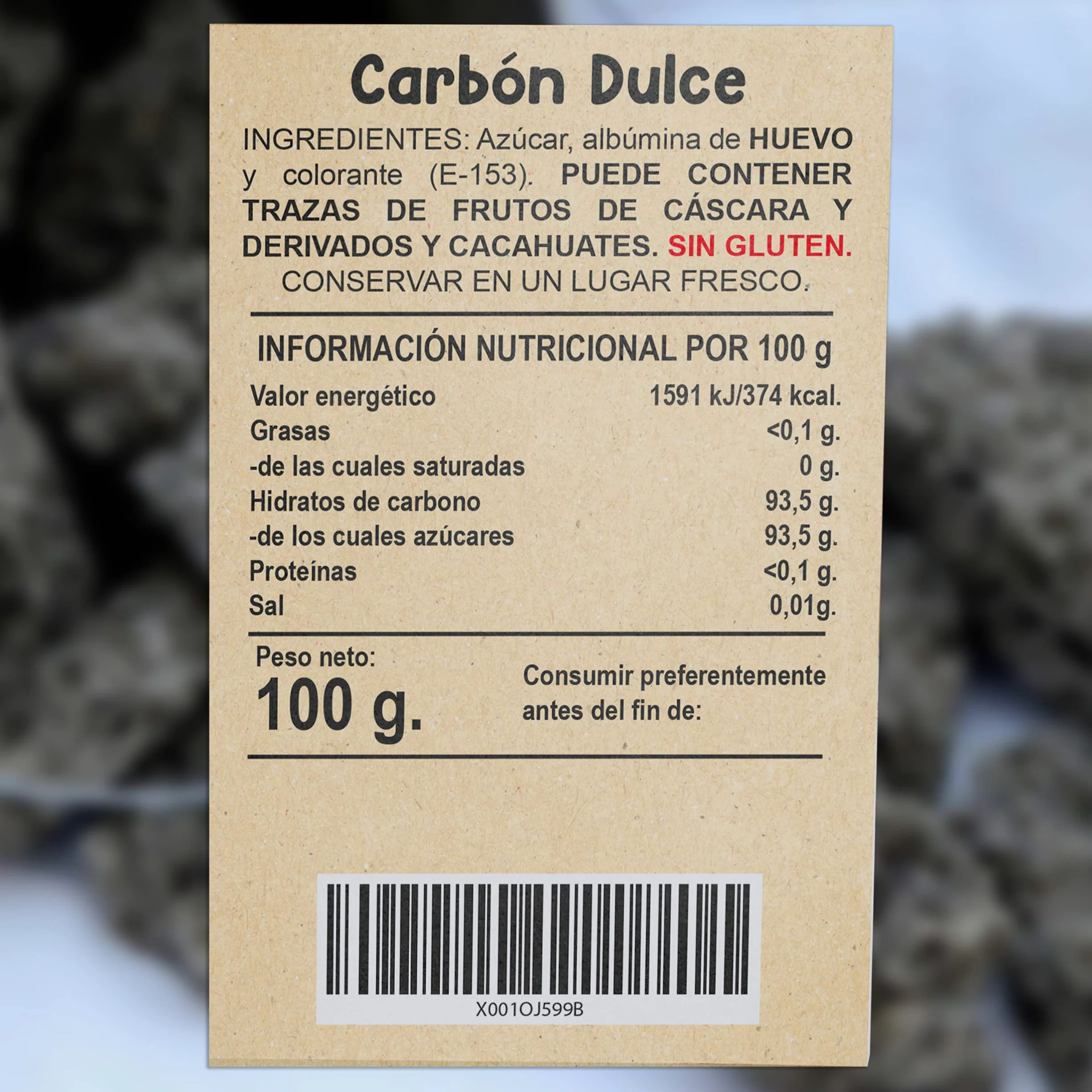 Carbón de Reyes Artesano con Tarjeta para Mensaje Personal · 100 grs · Saco de tela con Carbon Dulce Navidad de Reyes · Dulce Carbón de Navidad · Comestible de Carbon Azucar Sin Gluten