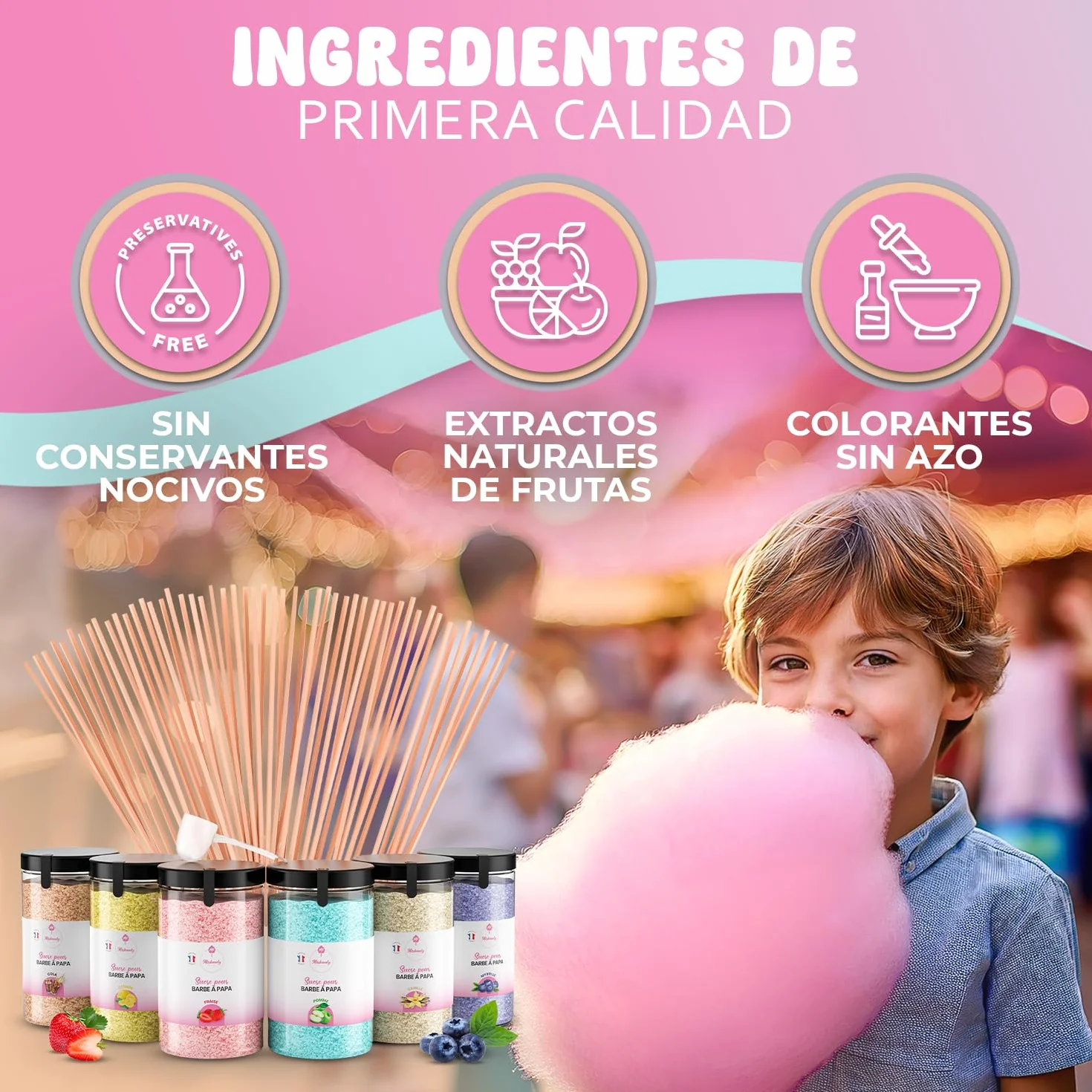 Misskandy® Kit de azúcar de algodón de 6 sabores, 72 porciones - Incluye 50 palitos para máquina de algodón de azúcar - Los sabores incluyen cola, vainilla, fresa, arándano, limón y manzana