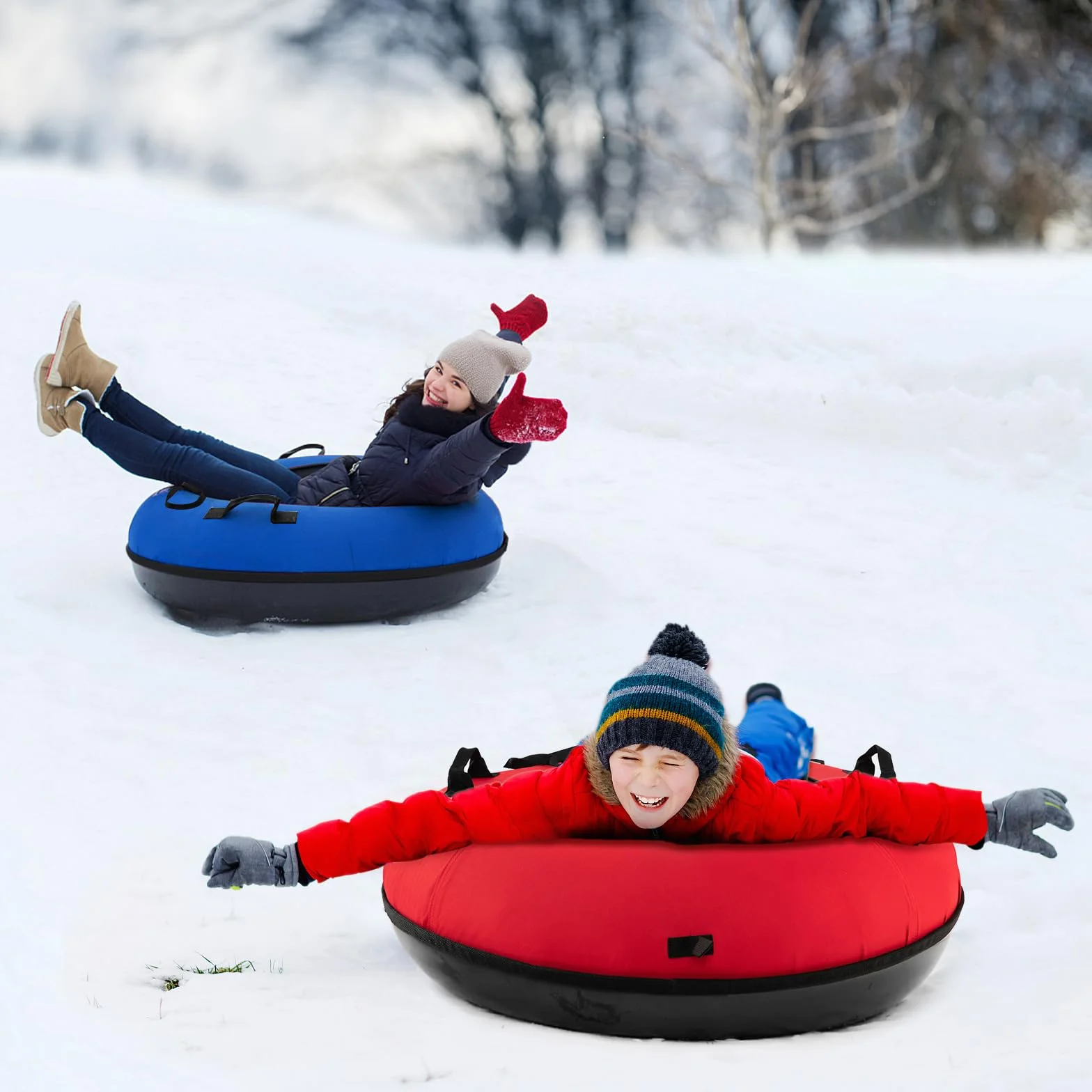 COSTWAY Trineo de Nieve Inflable φ100 cm, Tubo de Nieve para Niños y Adultos con Fondo Duro
