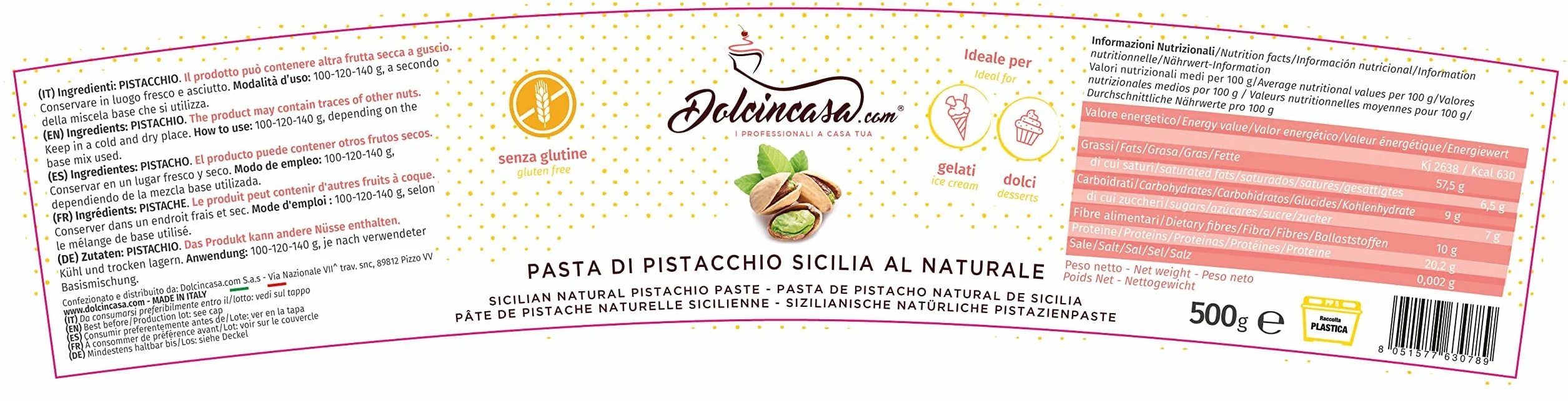 Dolcincasa-com Pasta de Pistacho Sicilia 100% Pura Natural Sabrosa Suave Versátil sin Colorantes para Helados Pastelería Uso Doméstico y Profesional Paquete de 500g Sin Gluten