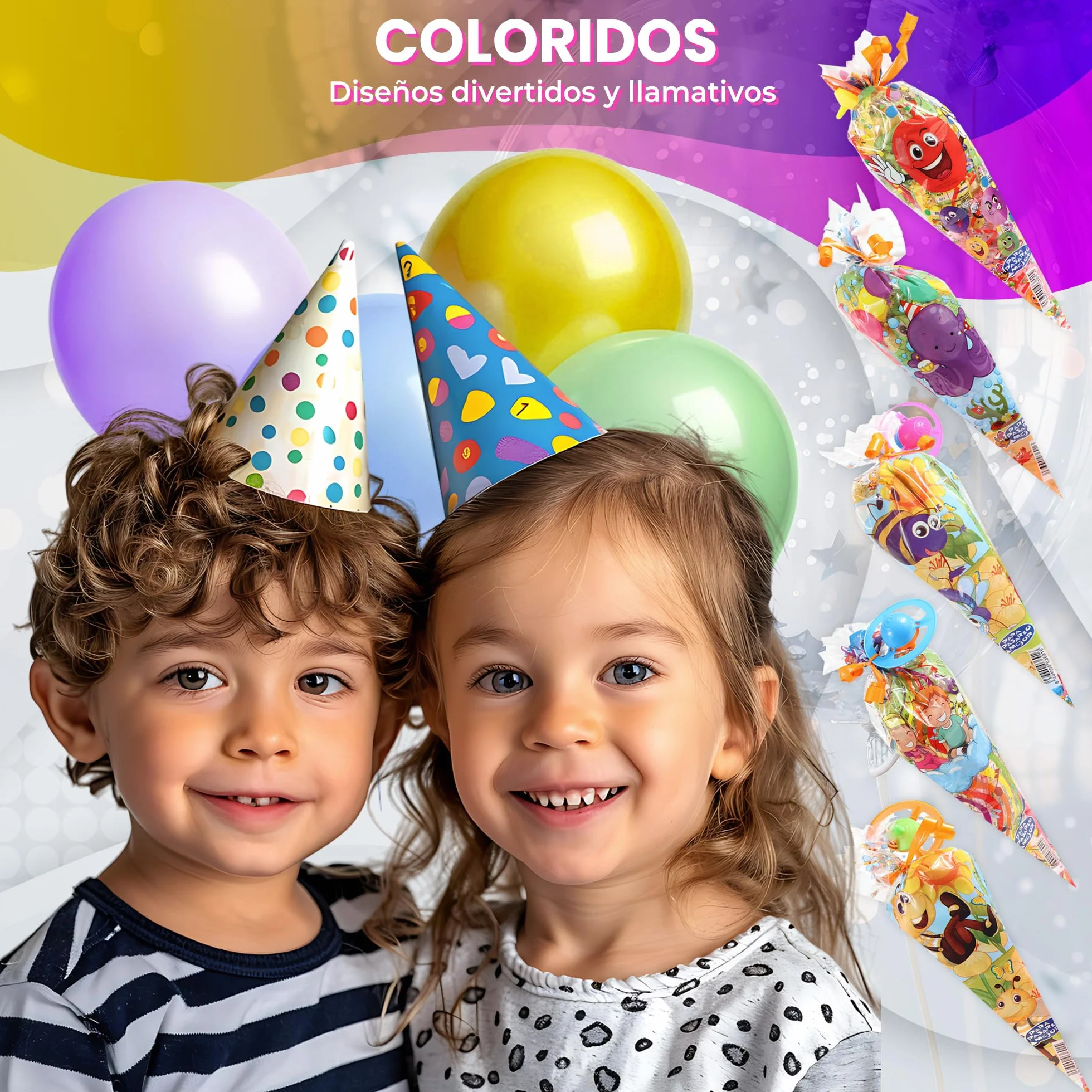 20 Conos Chuches Cumpleaños SIN GLUTEN - Bolsas Chuches Cumpleaños Rellenas - Cucuruchos Chucherías preparados para fiestas Infantiles - Cucuruchos rellenos de golosinas listos para regalar