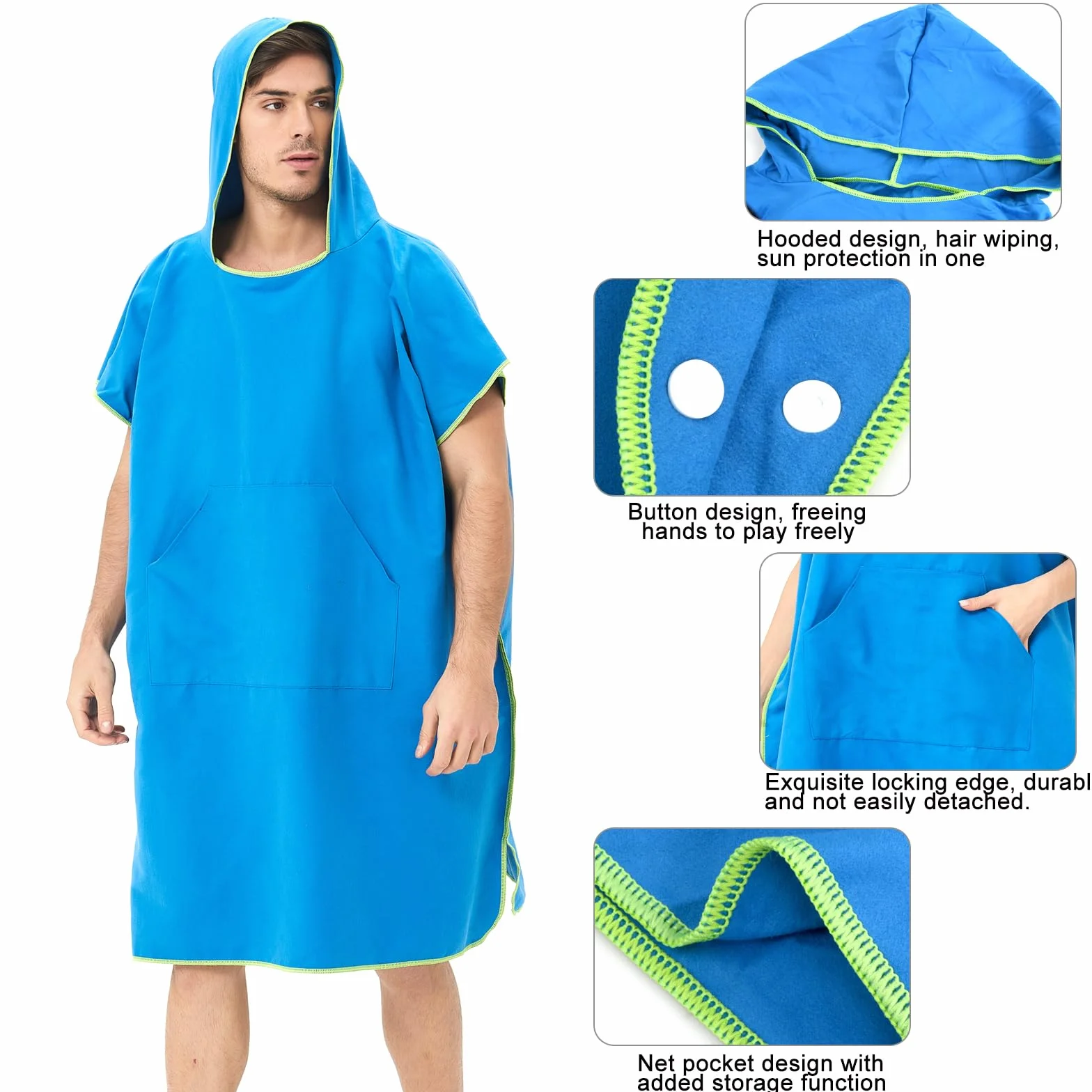 Poncho de Surf Microfibra 110x90 cm Toalla con Capucha y Bolsillo para Adultos