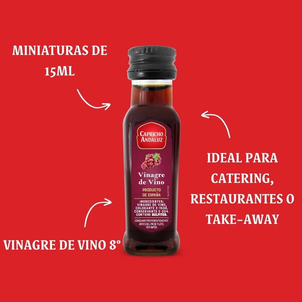 Capricho Andaluz - Vinagre de Vino 8º Pack de 55 unidades Miniatura PET de 15 ml, Sabor Auténtico con un Formato Práctico para Porciones Individuales y Uso en Restauración