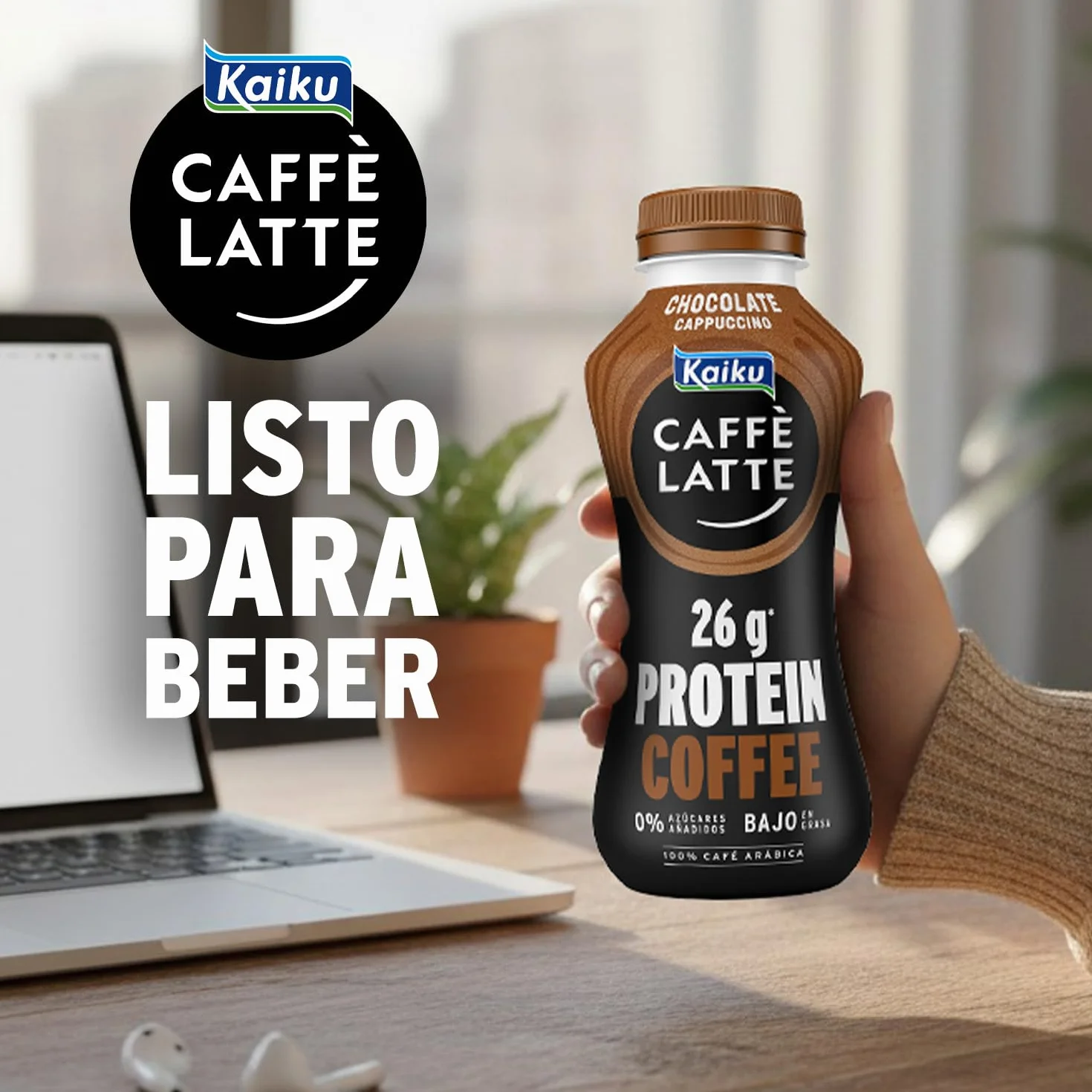 KAIKU CAFFÈ LATTE - Protein Coffee Chocolate Cappuccino 330 ml, Café Frío, Listo para Tomar, 26 g de Proteína por Ración, Café Arábiga, sin Azúcares Añadidos, Bajo en Grasa, sin Gluten y con Lactosa